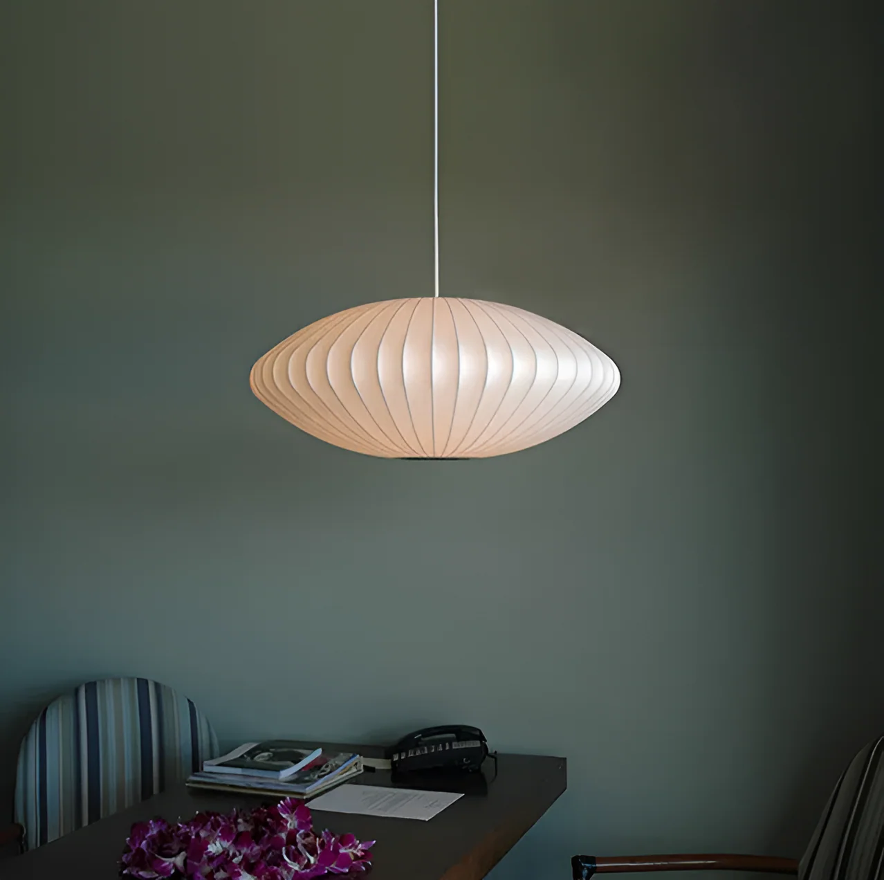 Oval pendant light with vertical lined shade - Image 7