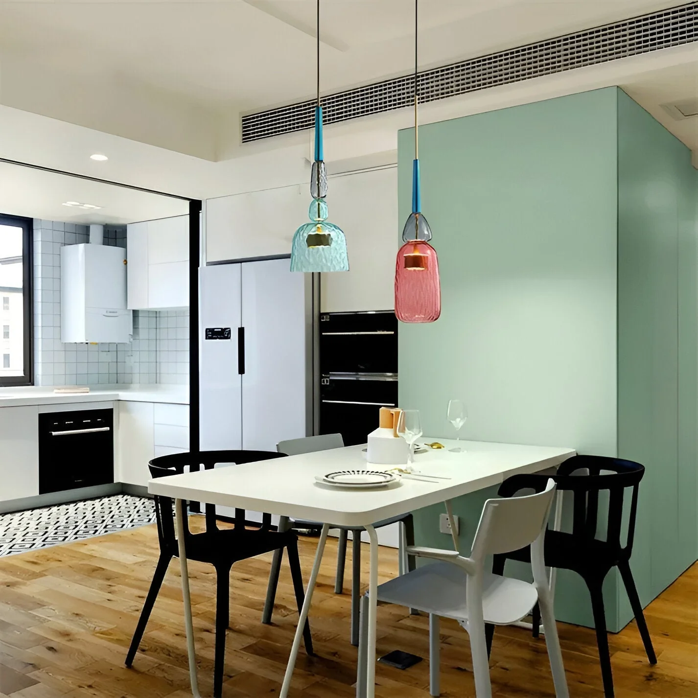 Pastel coloured glass pendant light with bell shade - Image 10