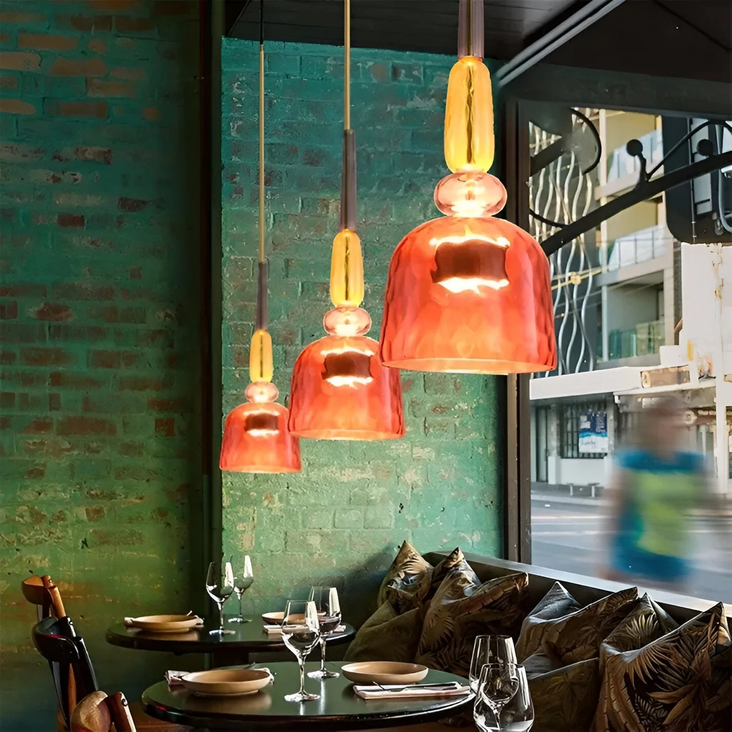 Pastel coloured glass pendant light with bell shade - Image 12