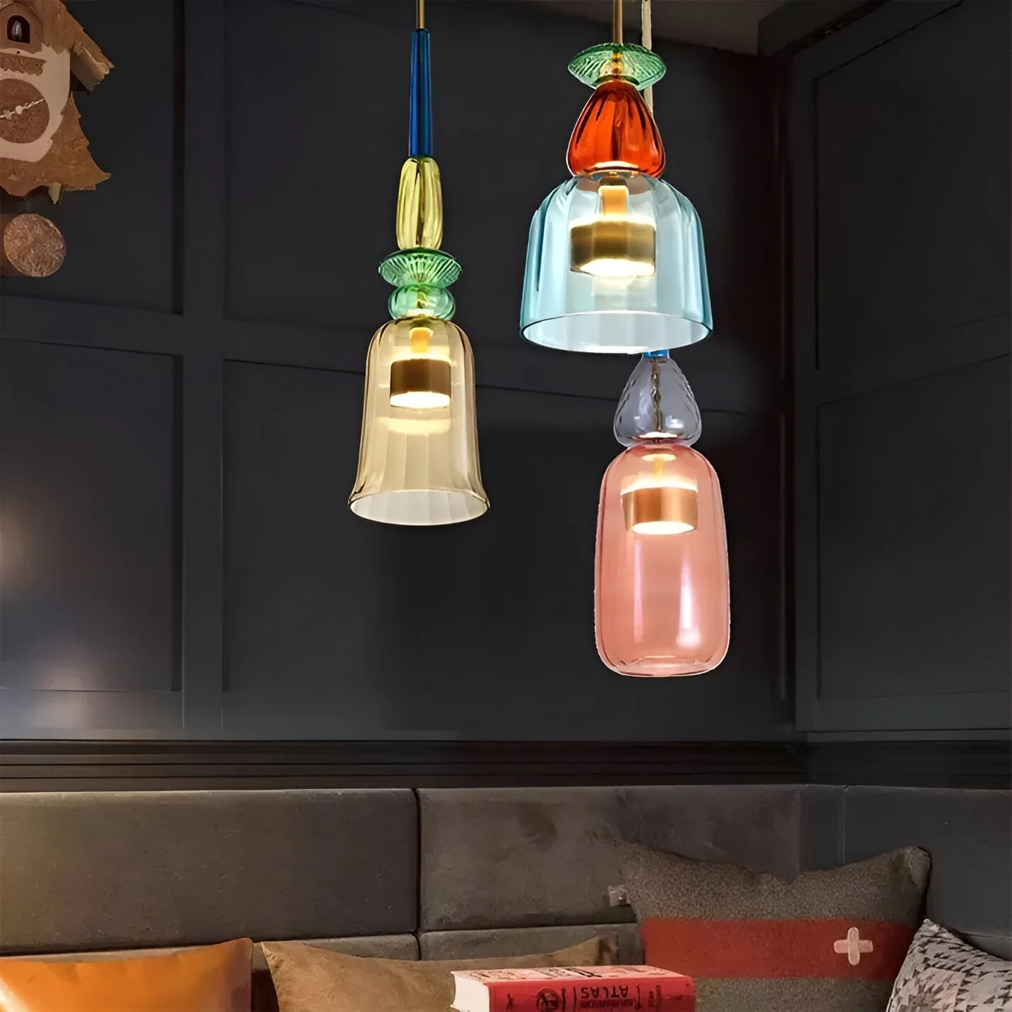 Pastel coloured glass pendant light with bell shade - Image 13