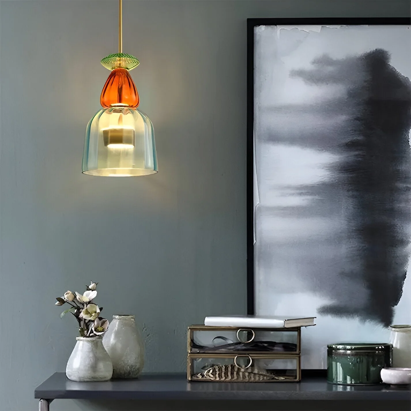 Pastel coloured glass pendant light with bell shade - Image 14