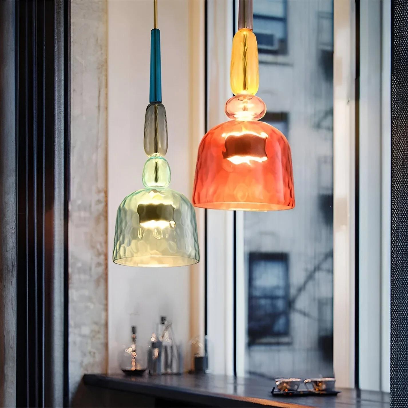 Pastel coloured glass pendant light with bell shade - Image 15