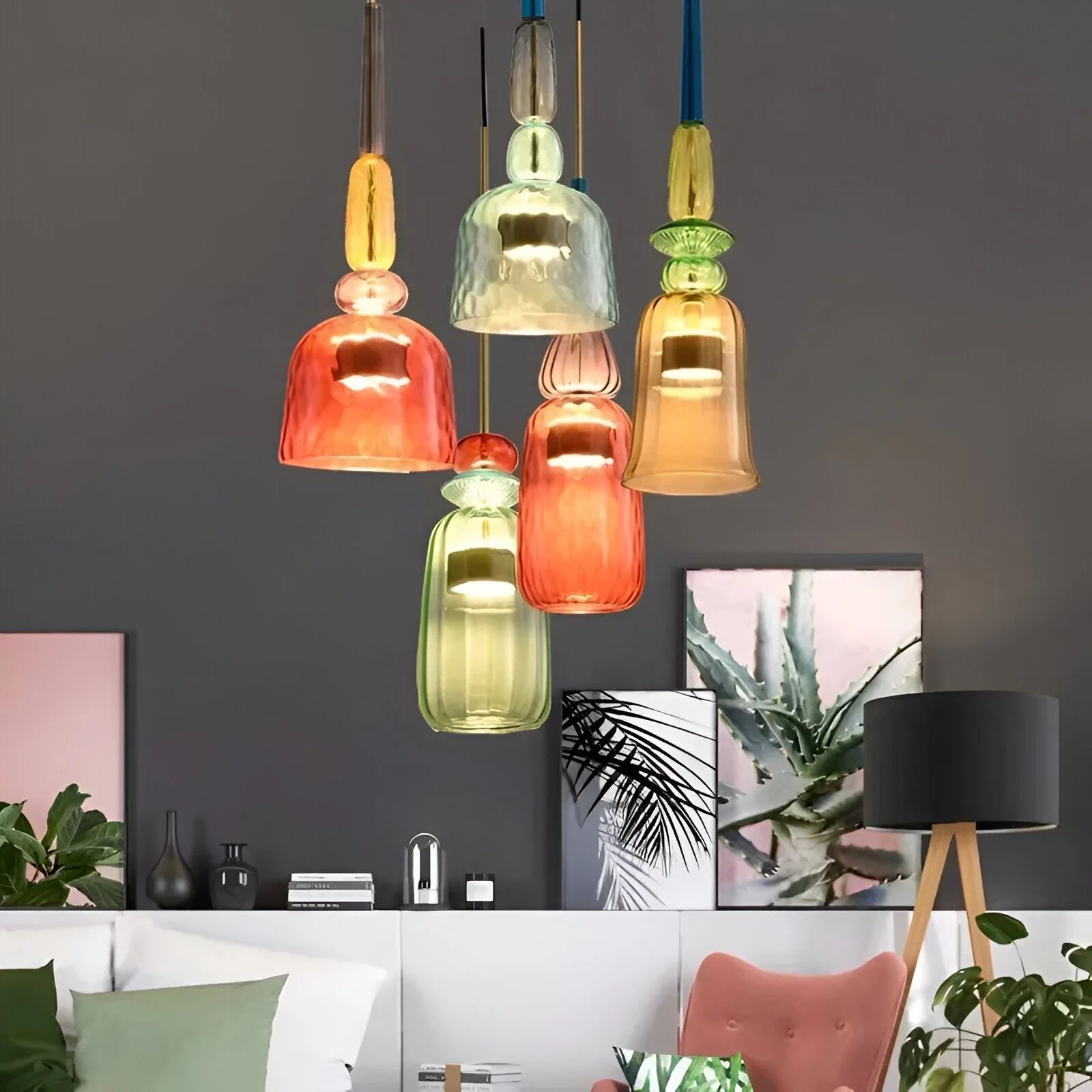 Pastel coloured glass pendant light with bell shade - Image 16