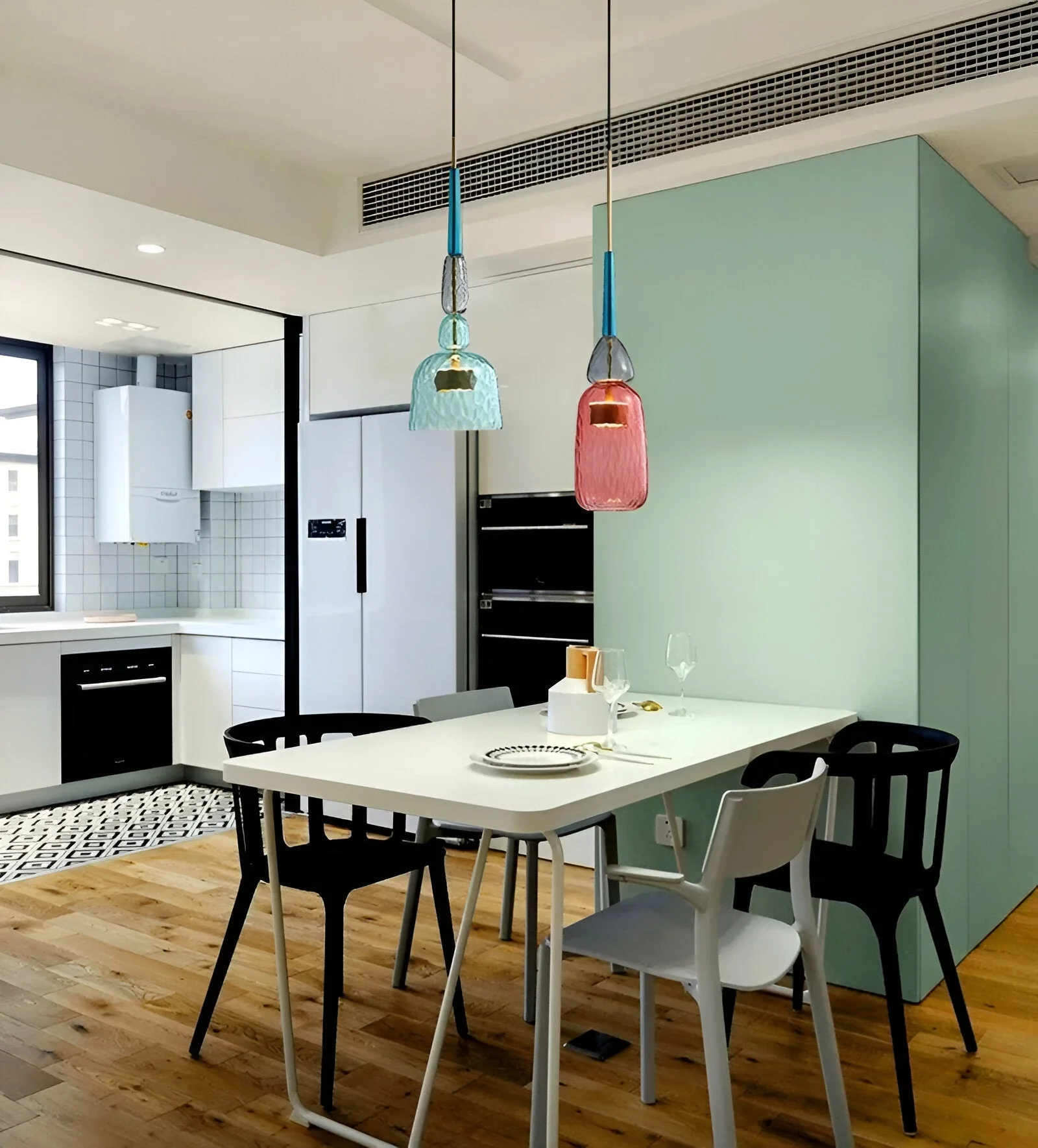 Pastel coloured glass pendant light with bell shade - Image 17