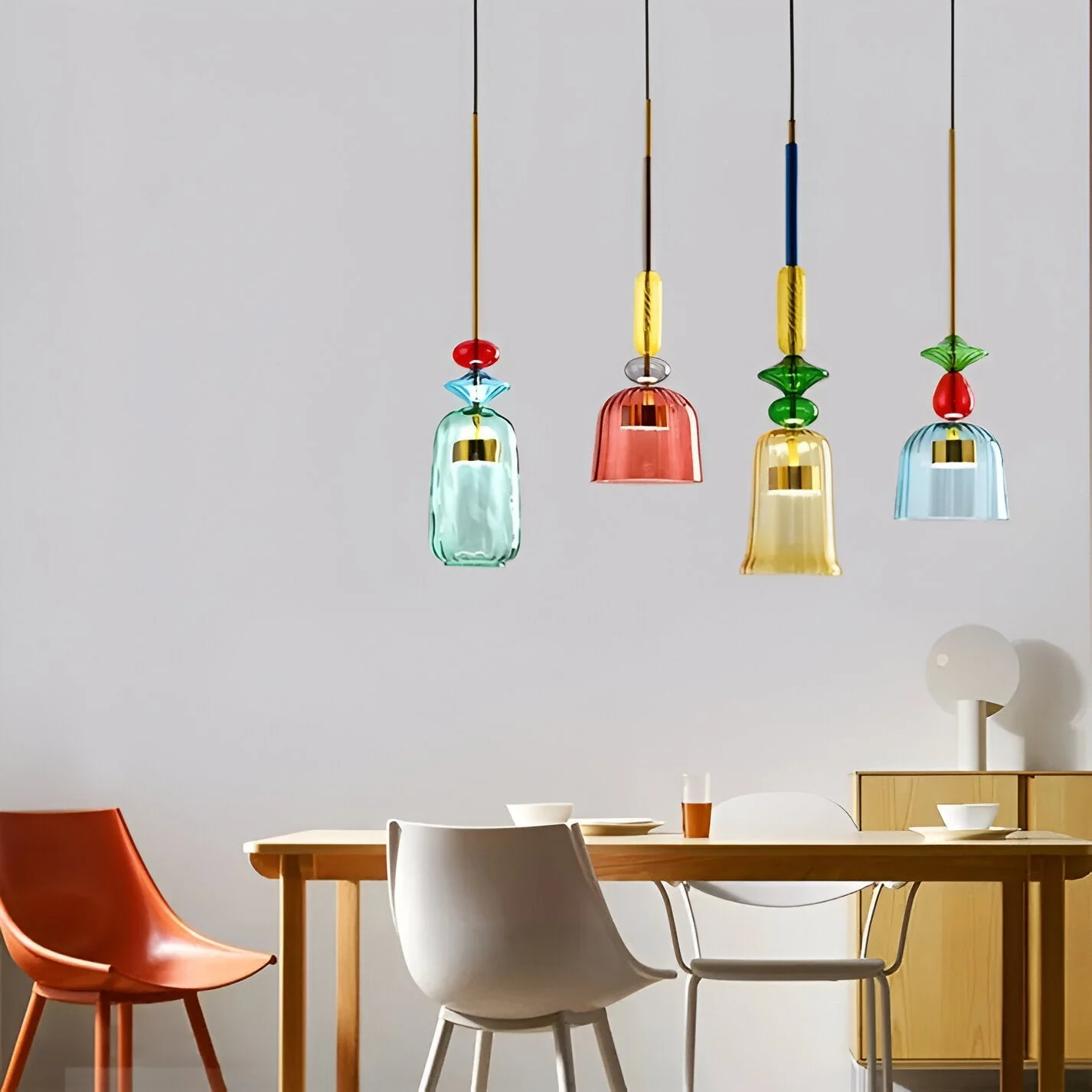 Pastel coloured glass pendant light with bell shade - Image 3