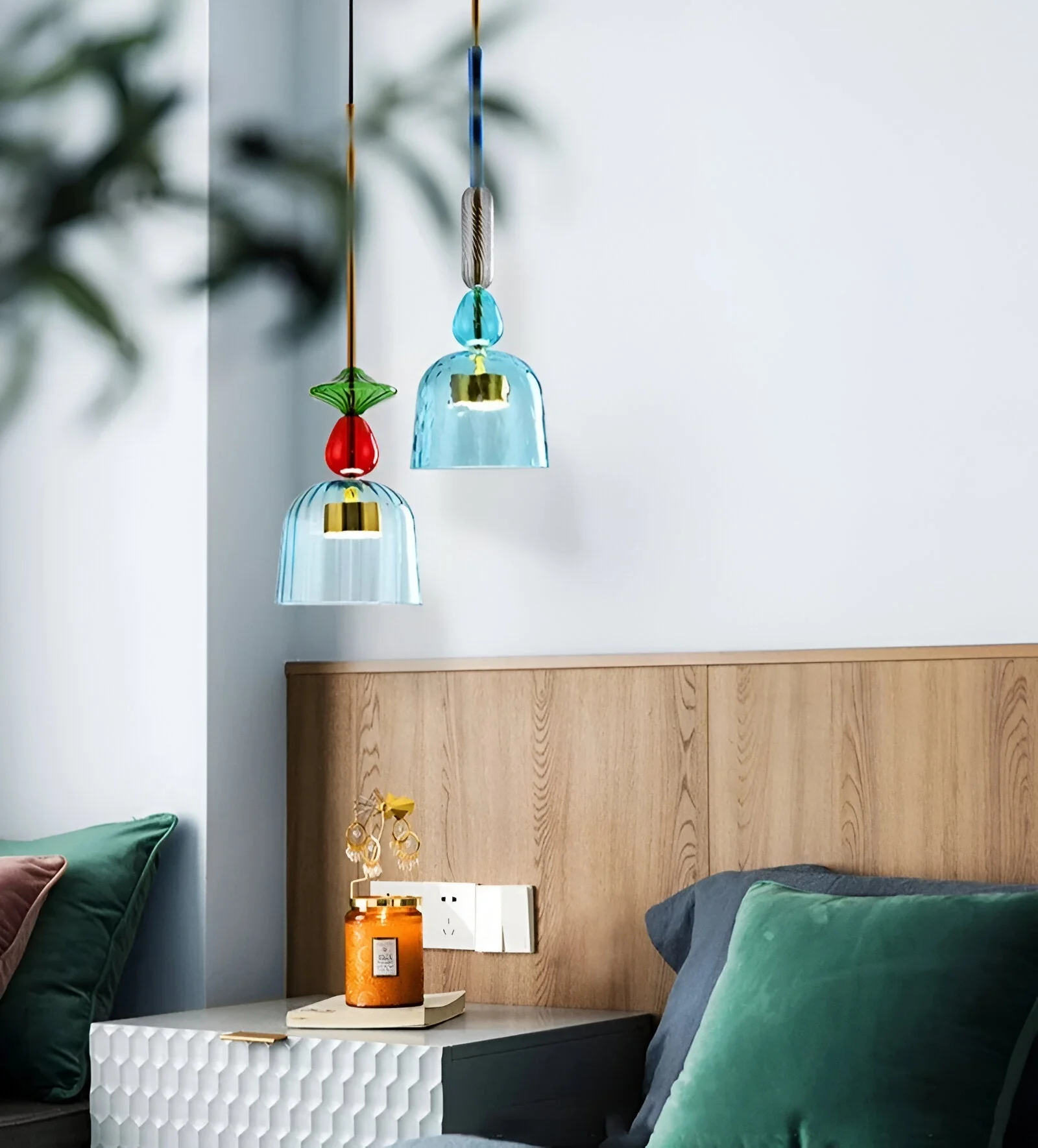 Pastel coloured glass pendant light with bell shade - Image 4