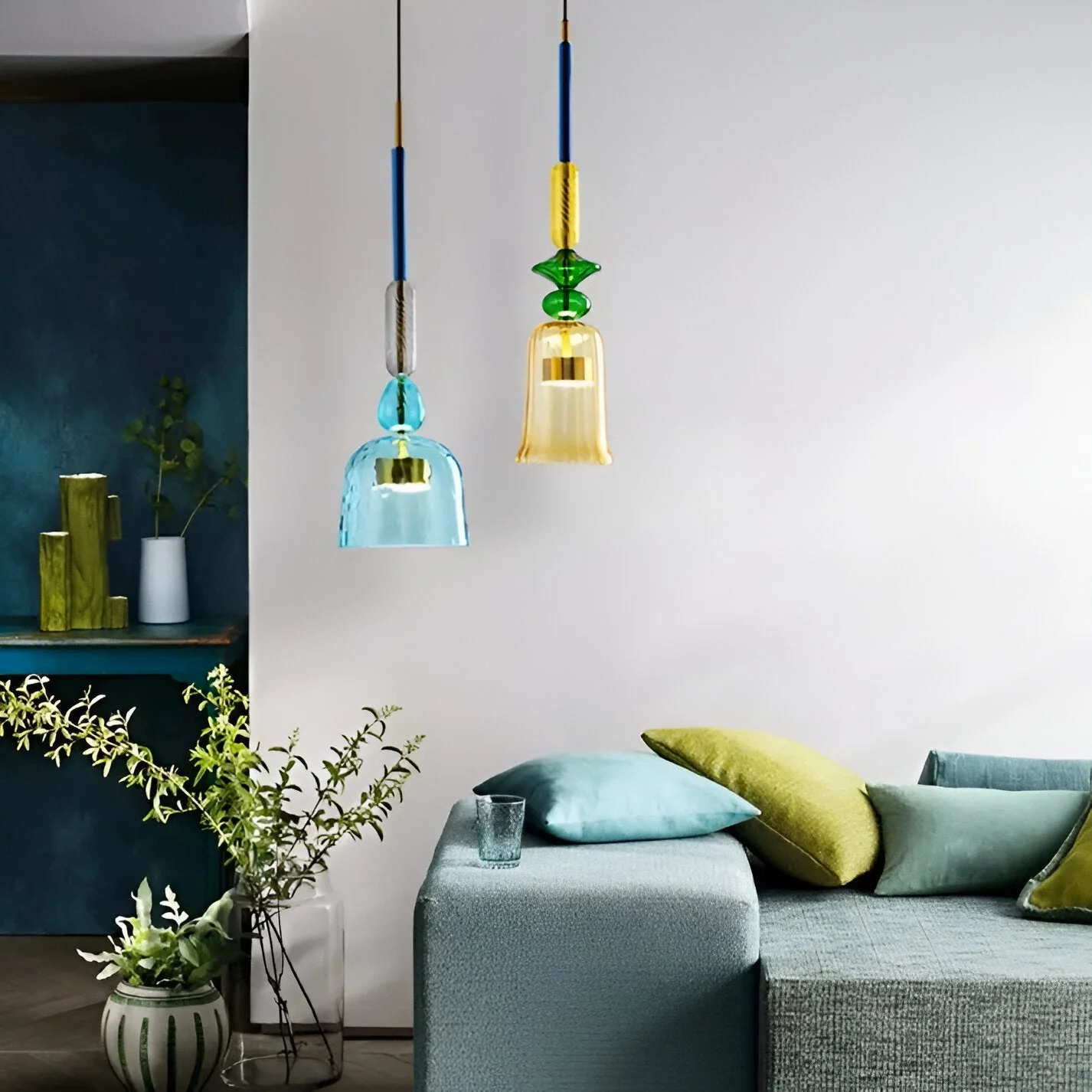 Pastel coloured glass pendant light with bell shade - Image 5