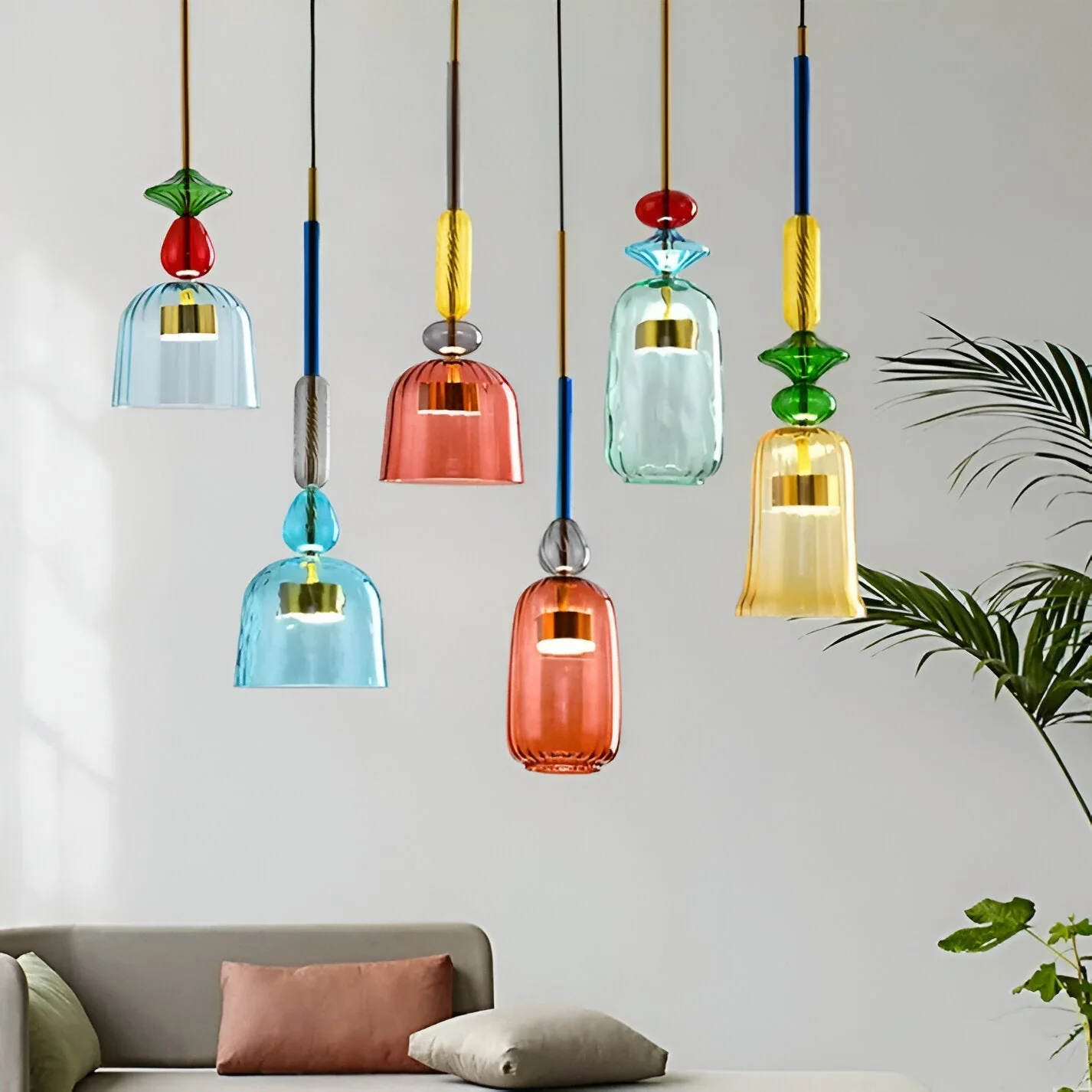 Pastel coloured glass pendant light with bell shade - Image 6