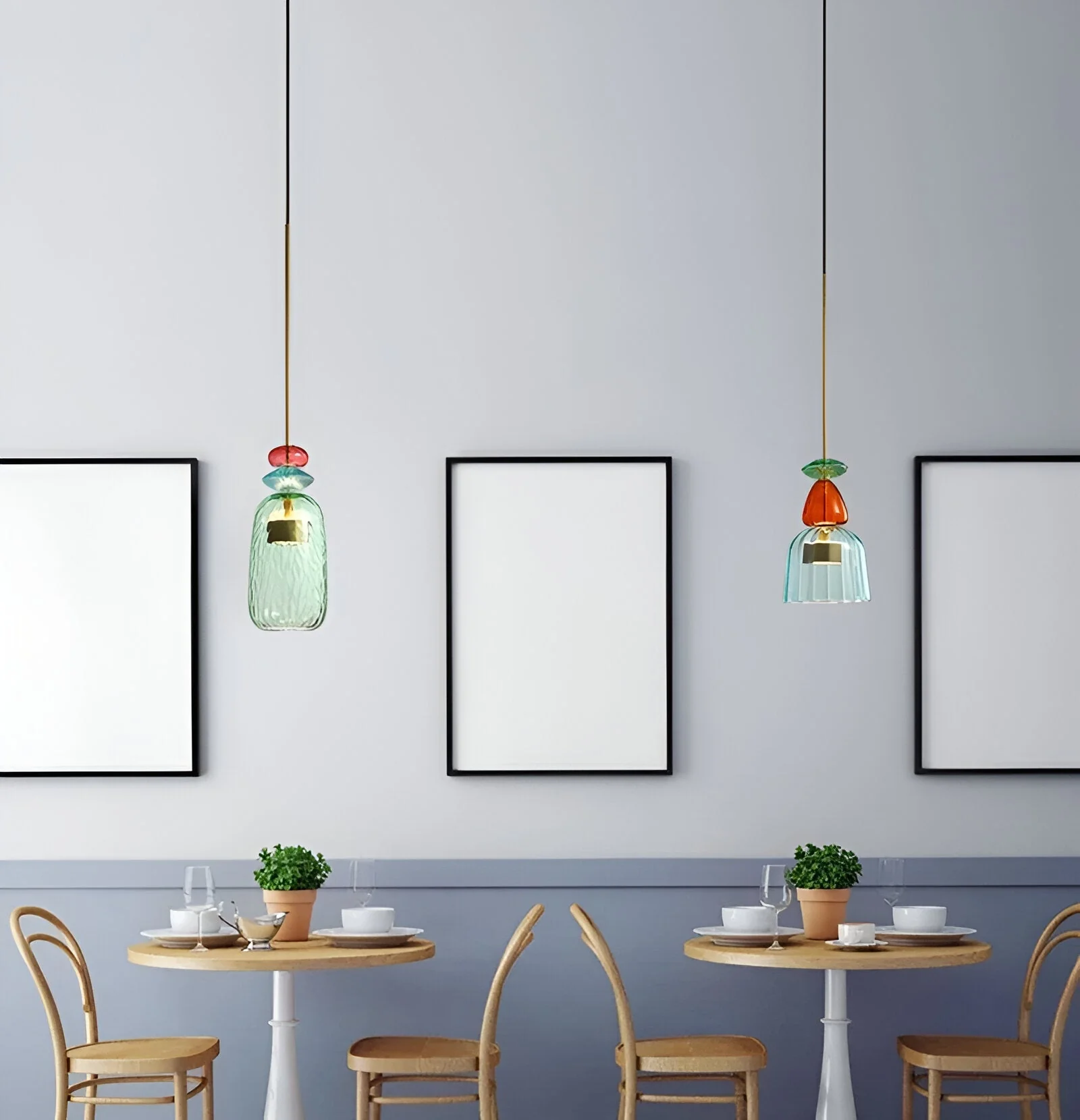 Pastel coloured glass pendant light with bell shade - Image 7