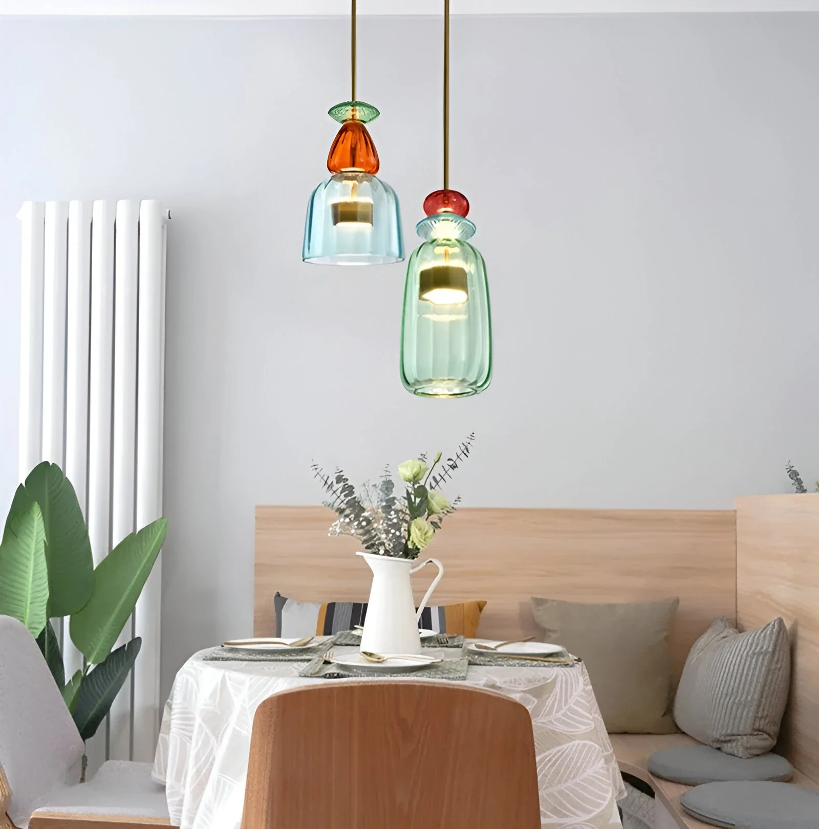 Pastel coloured glass pendant light with bell shade - Image 8