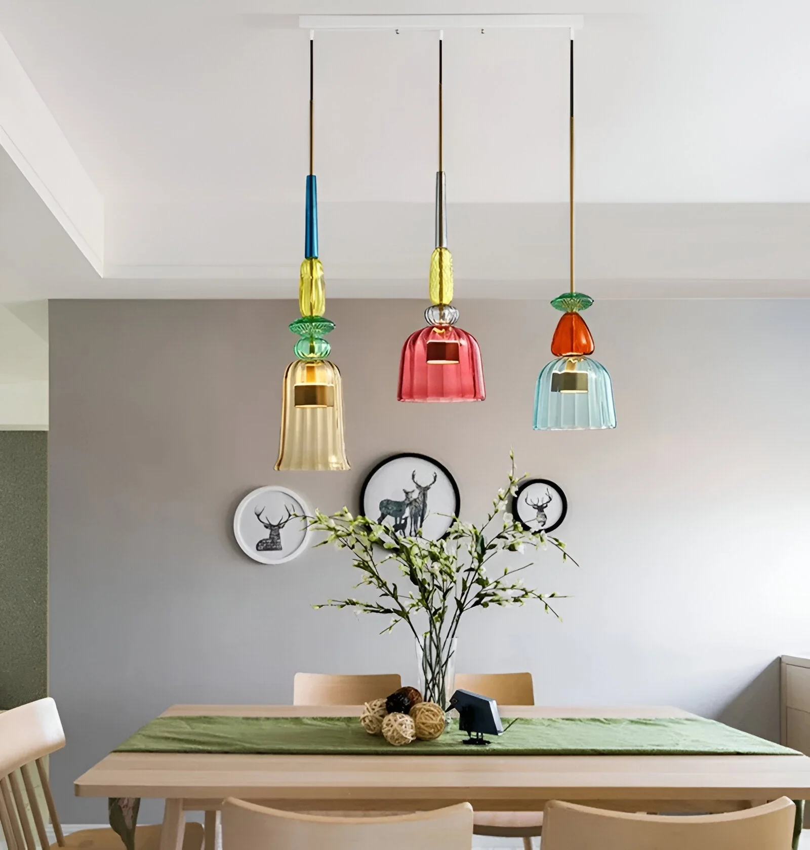 Pastel coloured glass pendant light with bell shade - Image 9