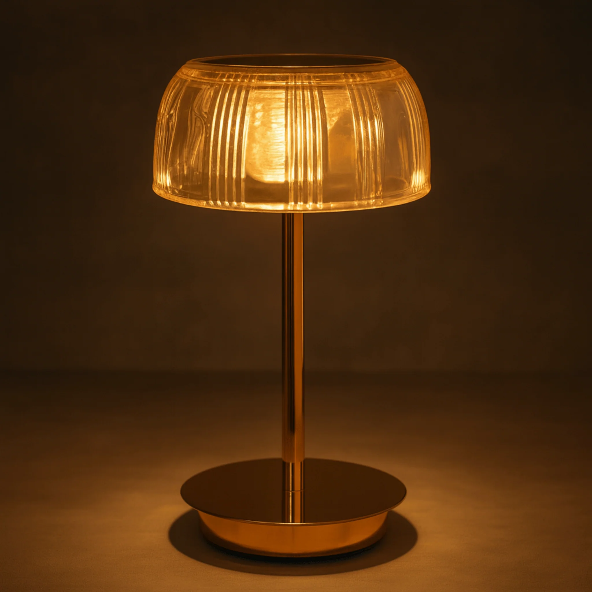 Rechargeable LED Glass Table Lamp with Ribbed Shade and Metal Base - Image 2