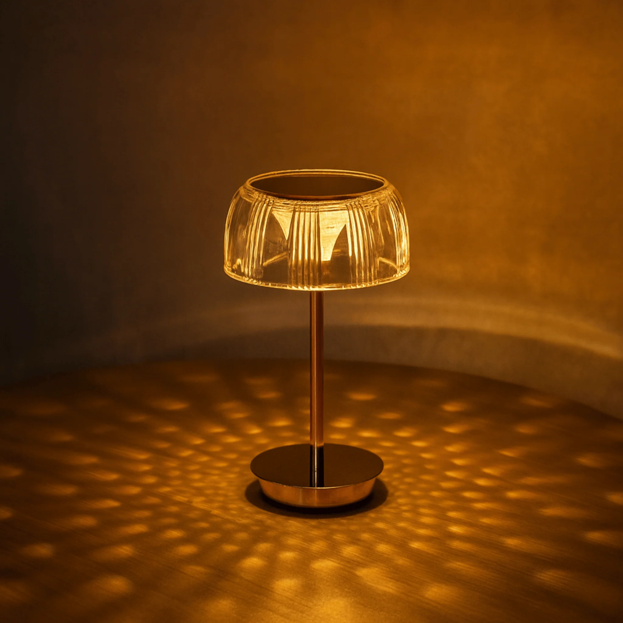 Rechargeable LED Glass Table Lamp with Ribbed Shade and Metal Base - Image 3