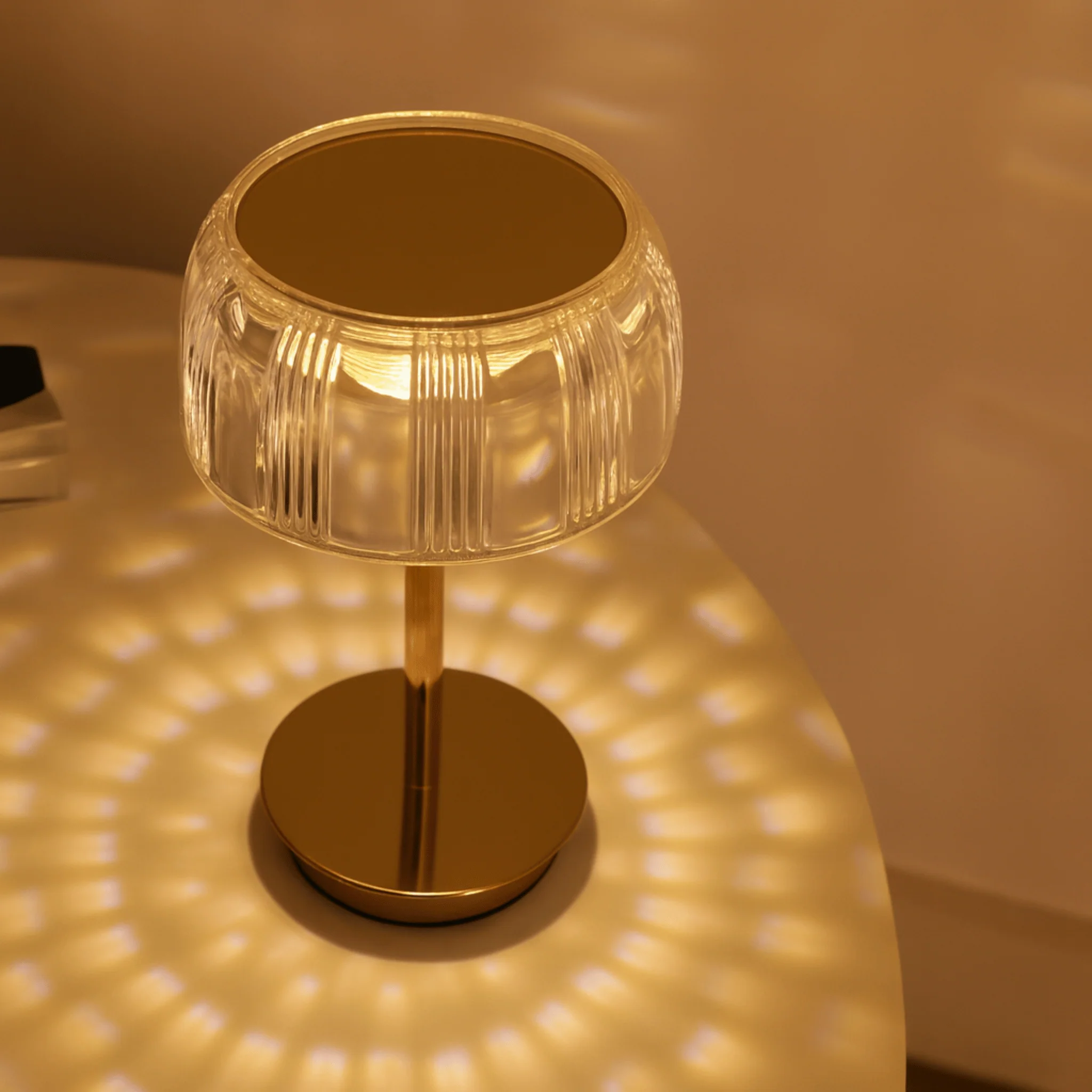 Rechargeable LED Glass Table Lamp with Ribbed Shade and Metal Base - Image 4