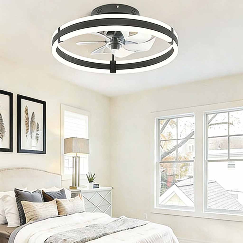 Round Ceiling Fan Light with Dual LED Ring Frame