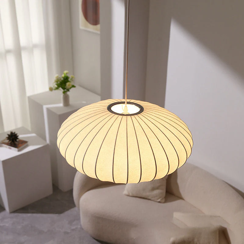 Round lantern pendant lamp with pleated fabric shade - Image 3