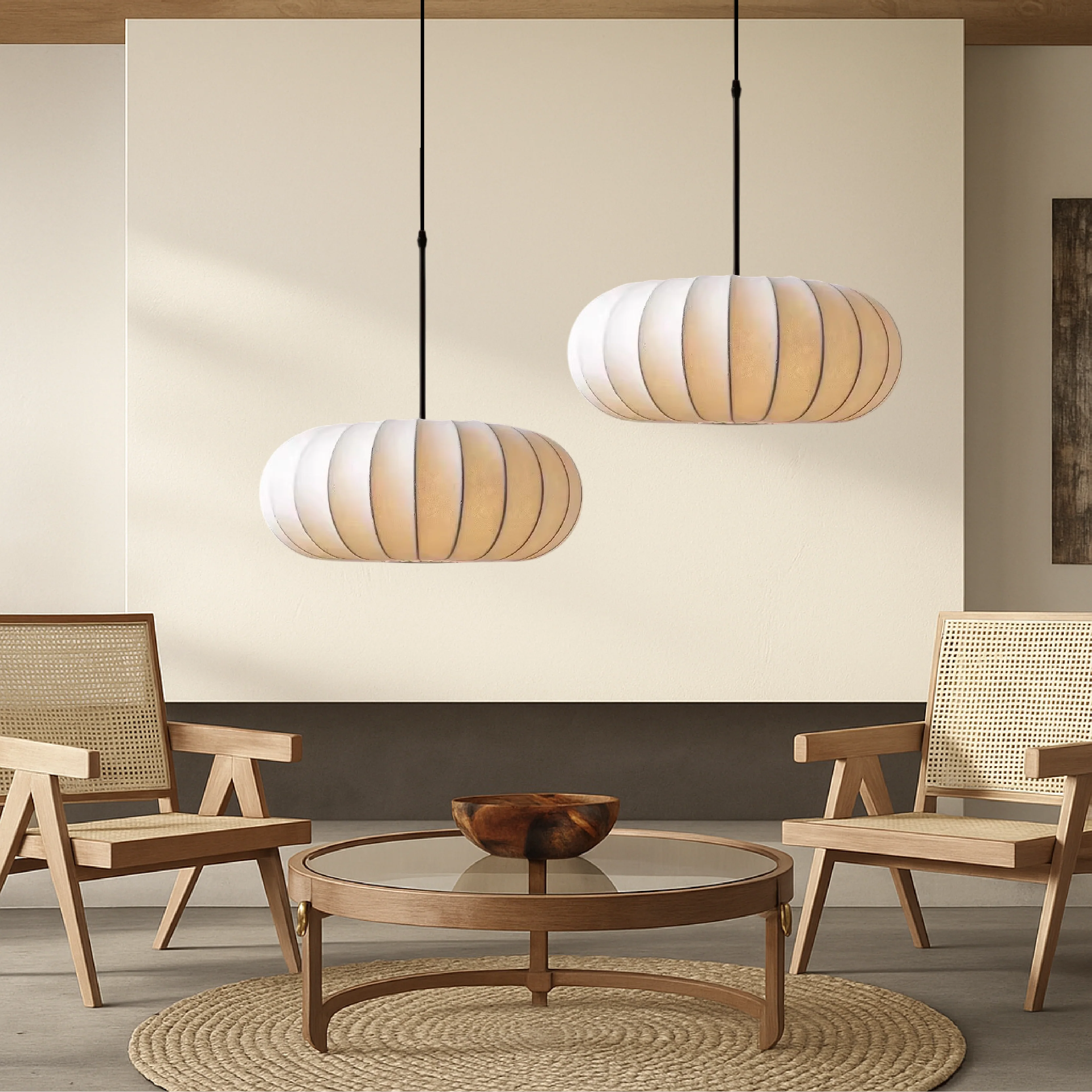 Round lantern pendant light with ribbed fabric shade - Image 3