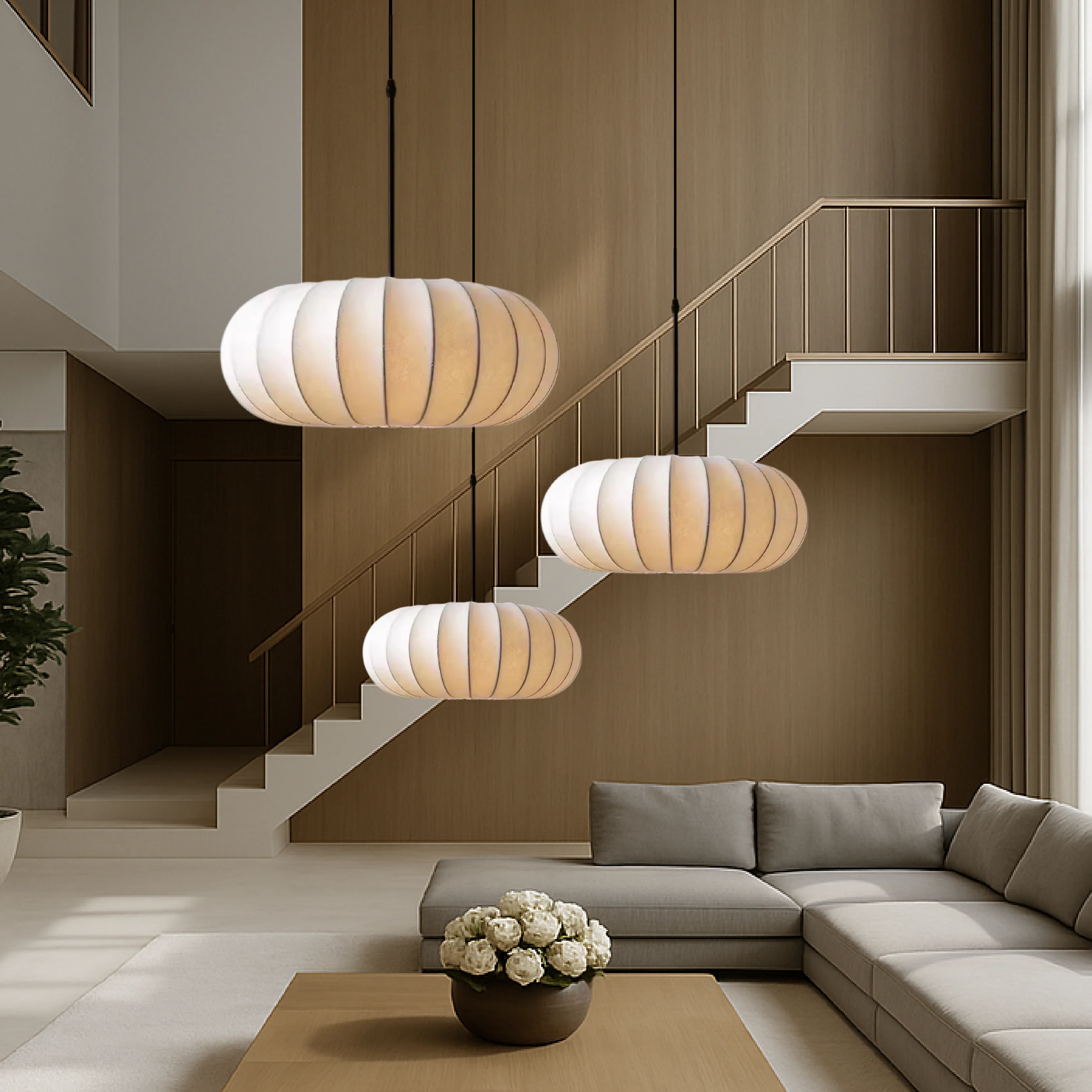 Round lantern pendant light with ribbed fabric shade - Image 4