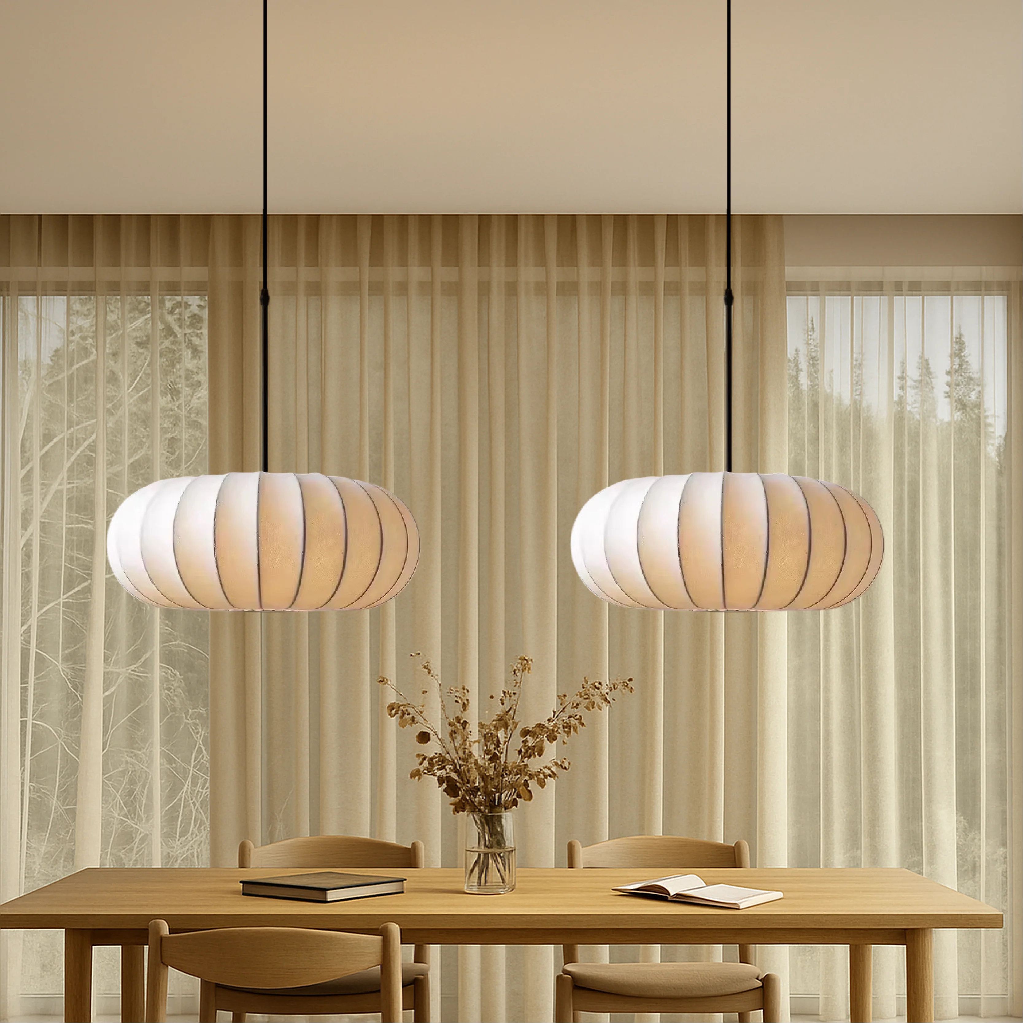 Round lantern pendant light with ribbed fabric shade - Image 5