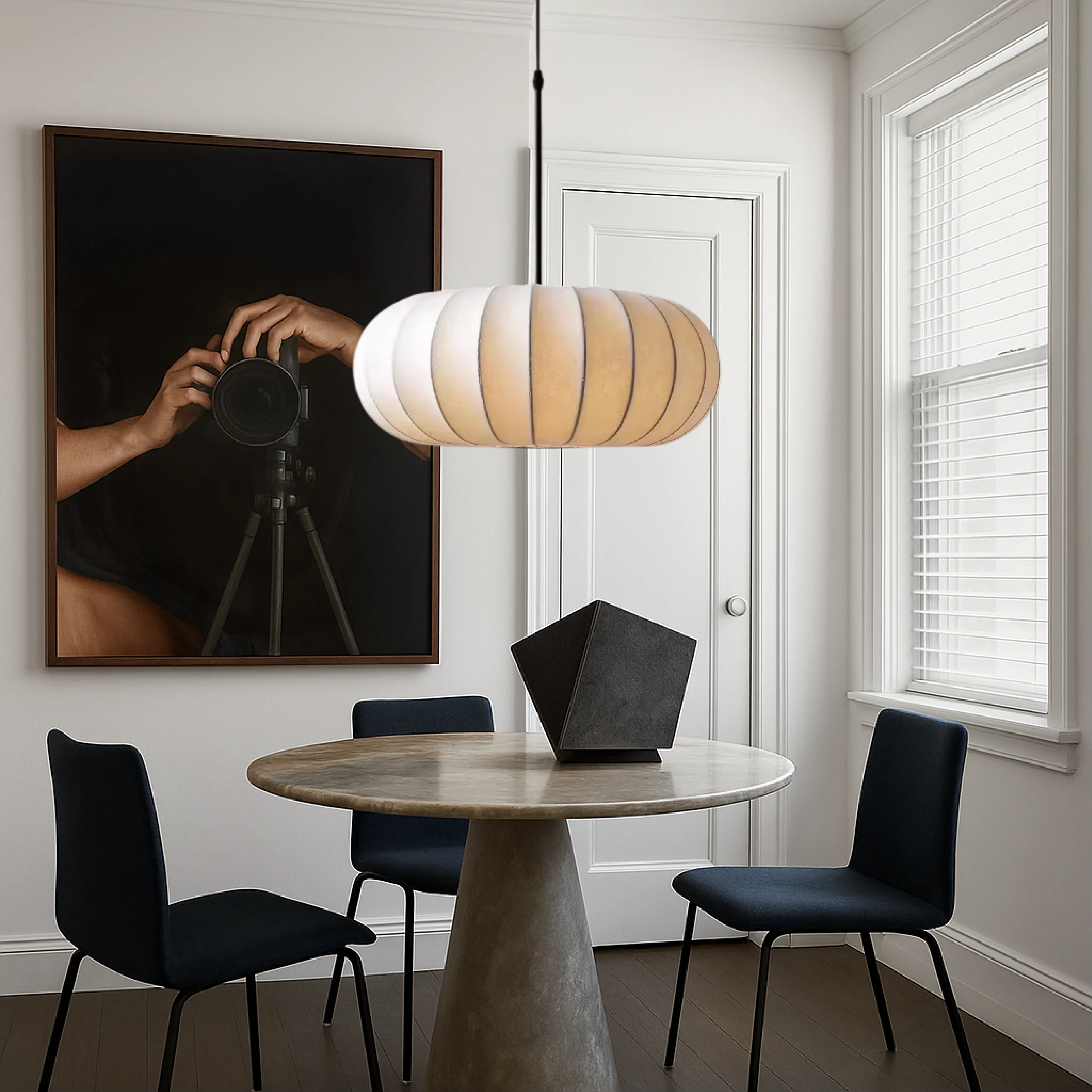Round lantern pendant light with ribbed fabric shade - Image 6
