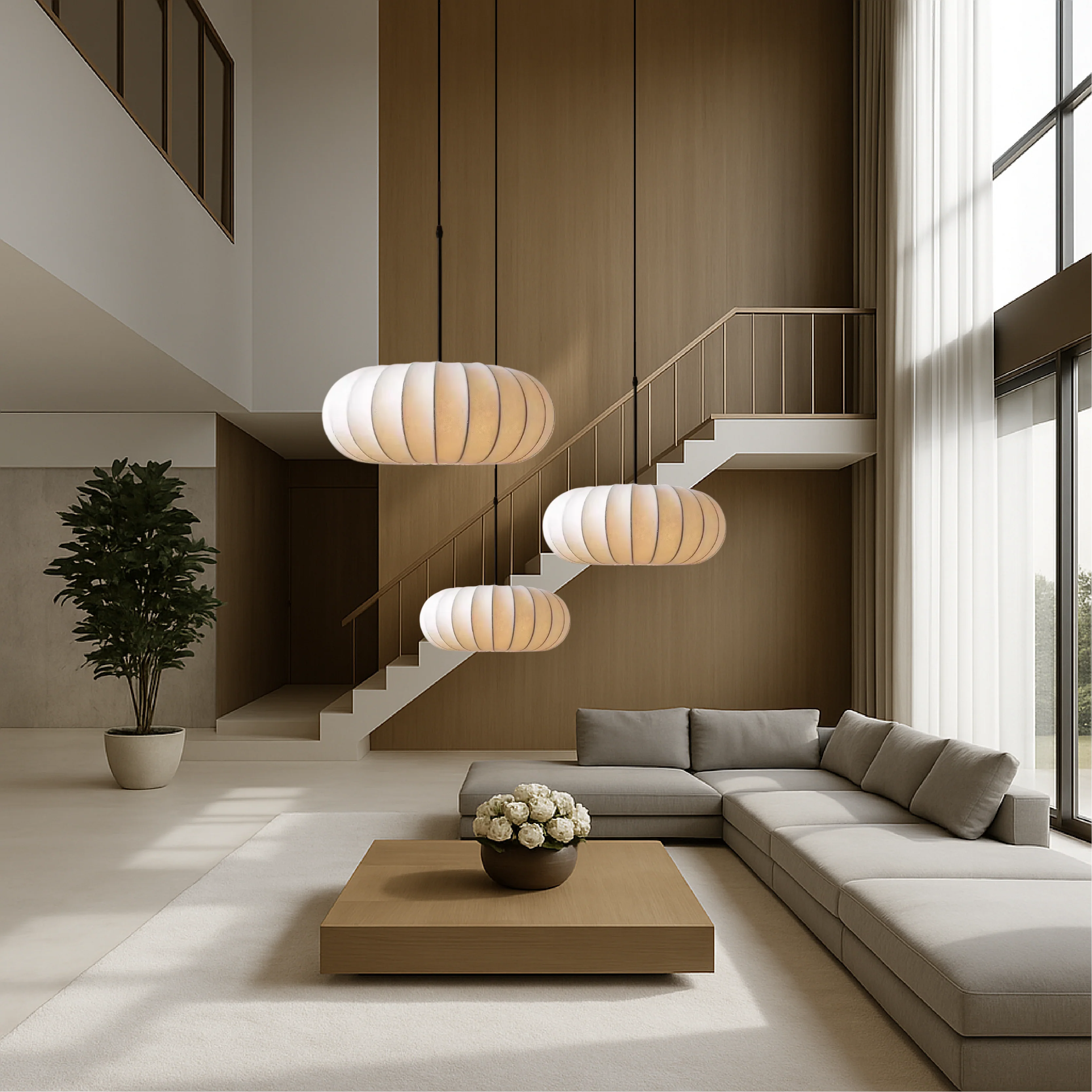 Round lantern pendant light with ribbed fabric shade - Image 7