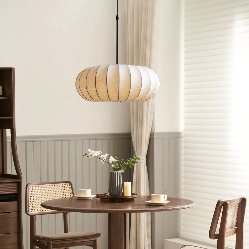 Round lantern pendant light with ribbed fabric shade - Image 8