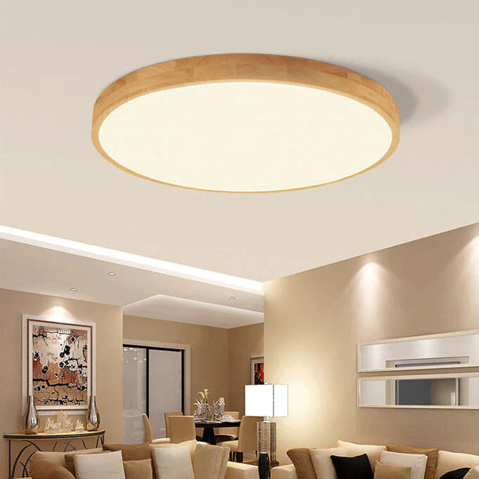Round LED Flush Ceiling Light with Wooden Frame - Image 2