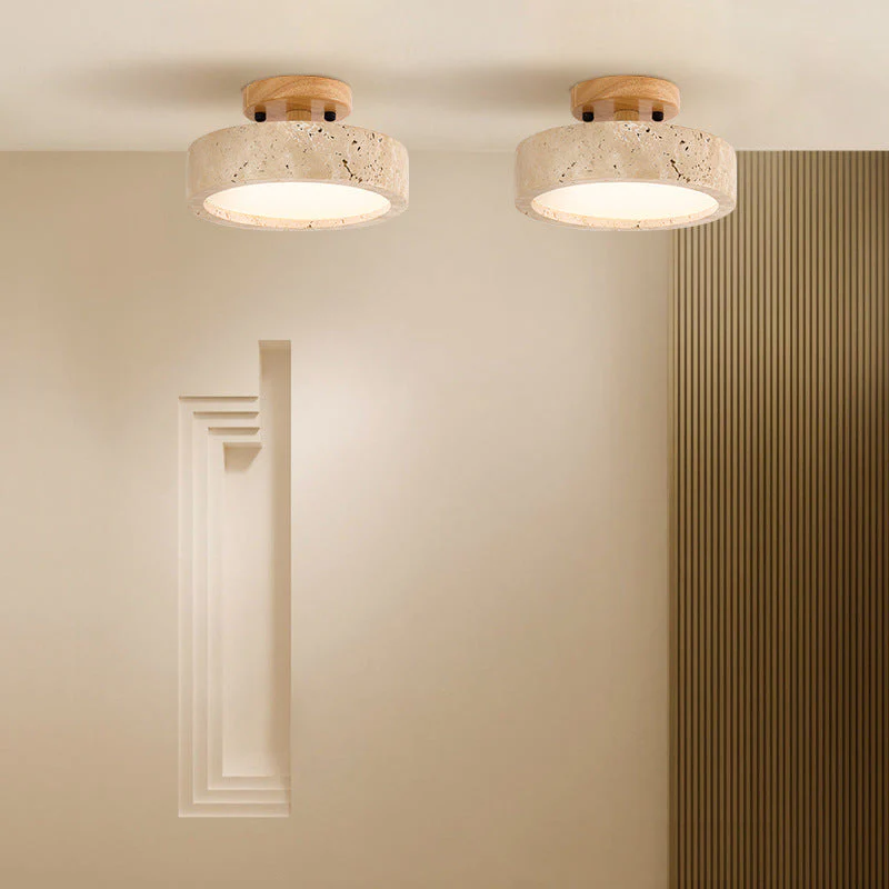 Round Travertine LED Ceiling Light with Wooden Mount - Image 2