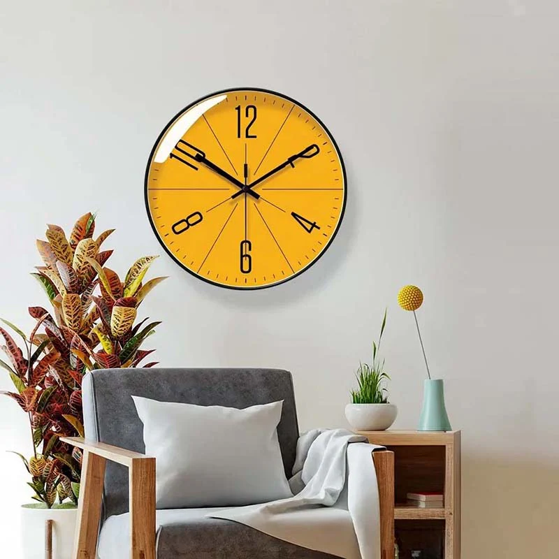 Round Wall Clock With Yellow Dial And Black Frame
