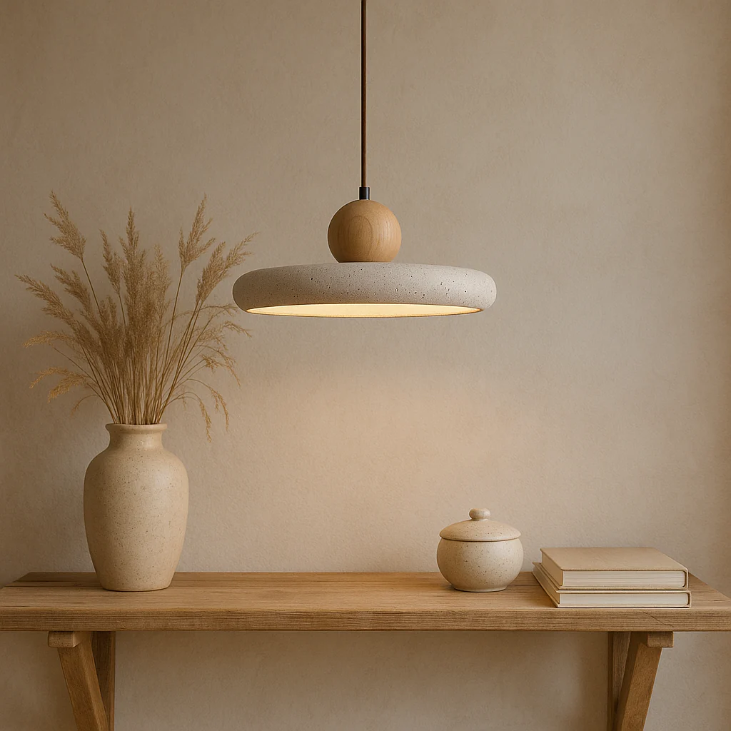 Rustic Travertine Pendant Light with Wooden Accent - Image 5