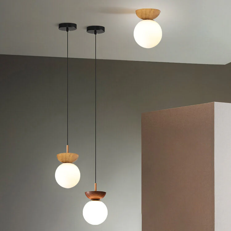 Single Globe Ceiling Light with Wooden Detail and Metal Mount - Image 2