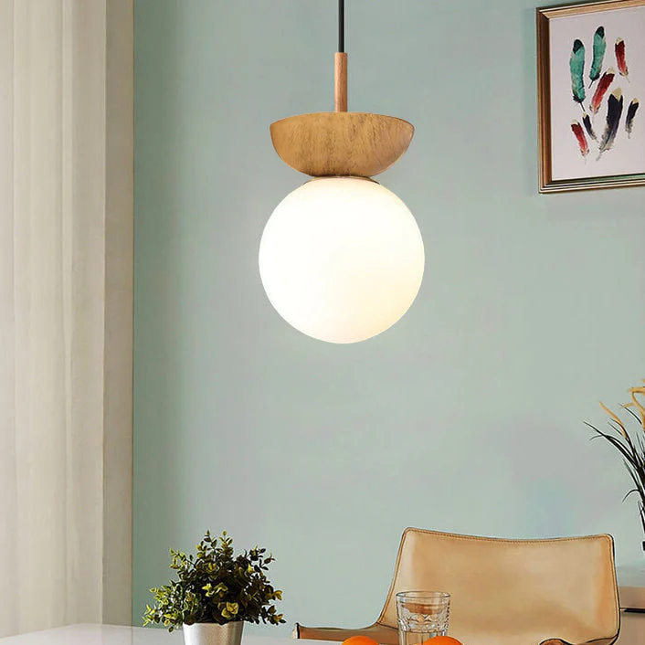 Single Globe Ceiling Light with Wooden Detail and Metal Mount - Image 4