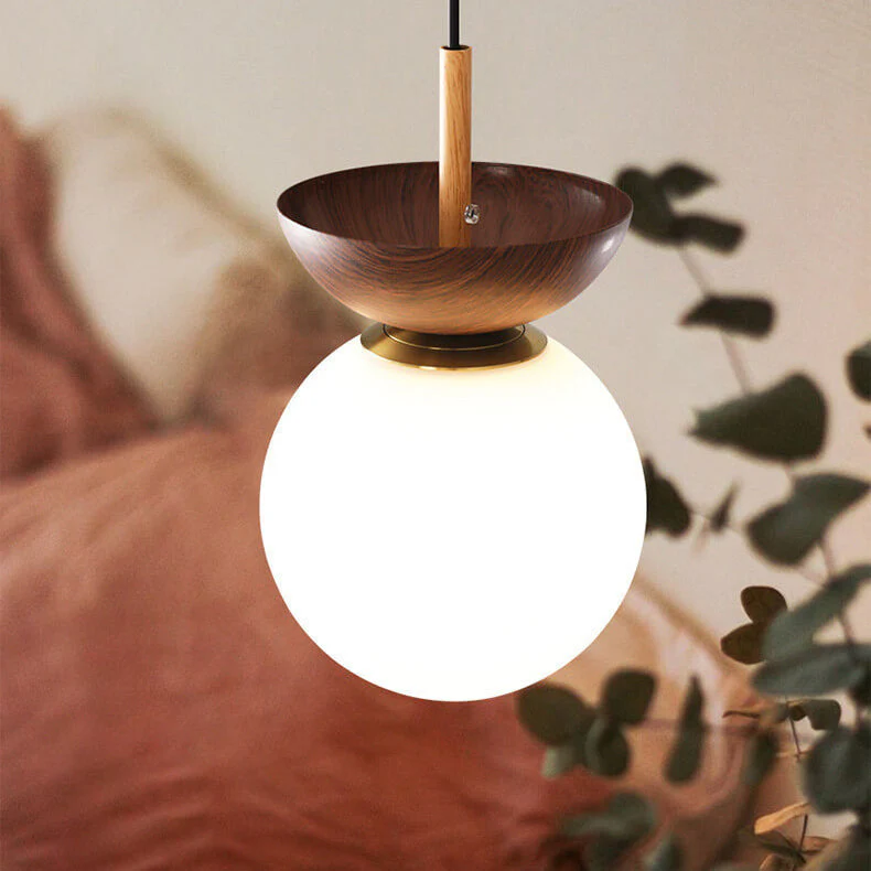 Single Globe Ceiling Light with Wooden Detail and Metal Mount - Image 7