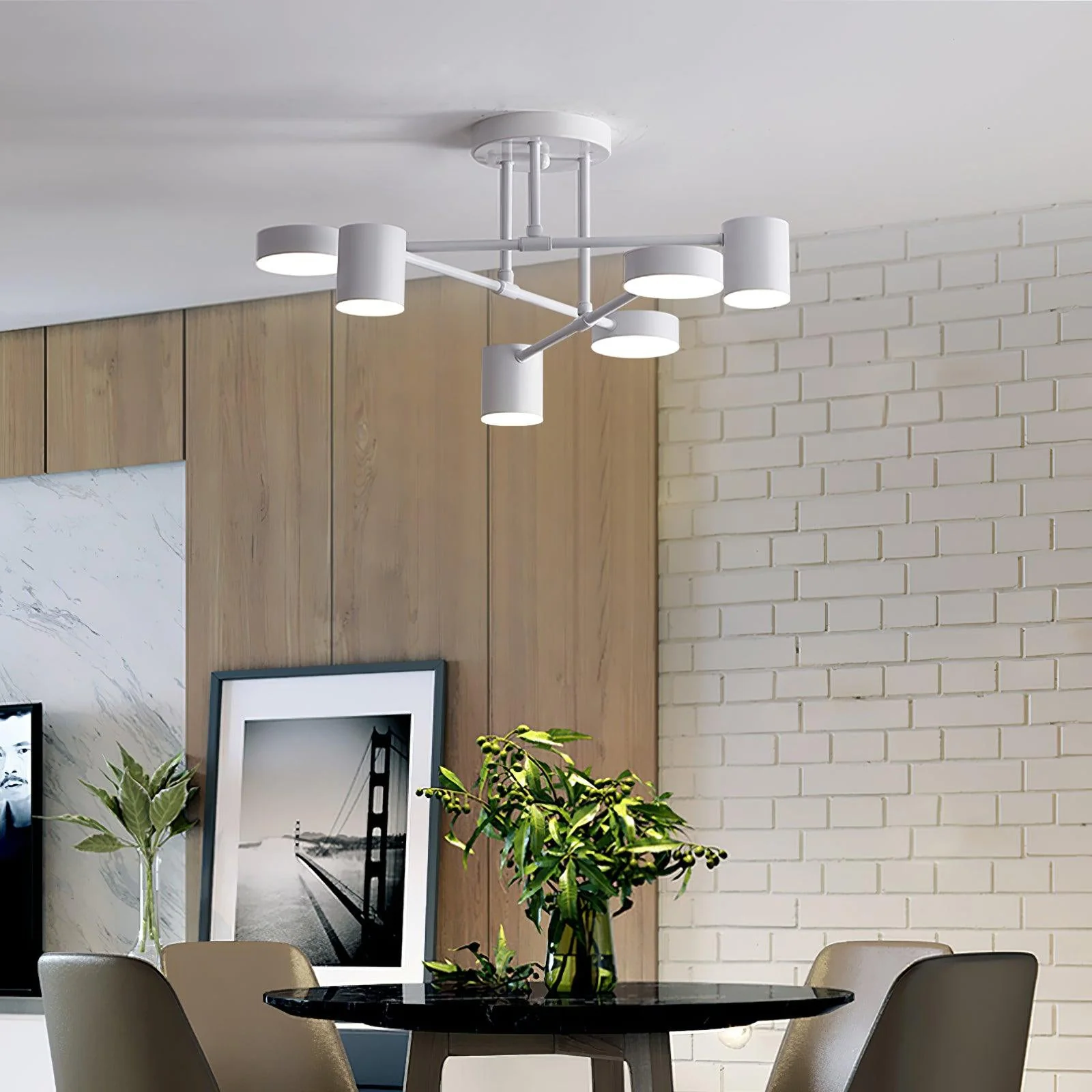 Six Light Ceiling Fixture with Brass Finish and Cylindrical Shades - Image 15