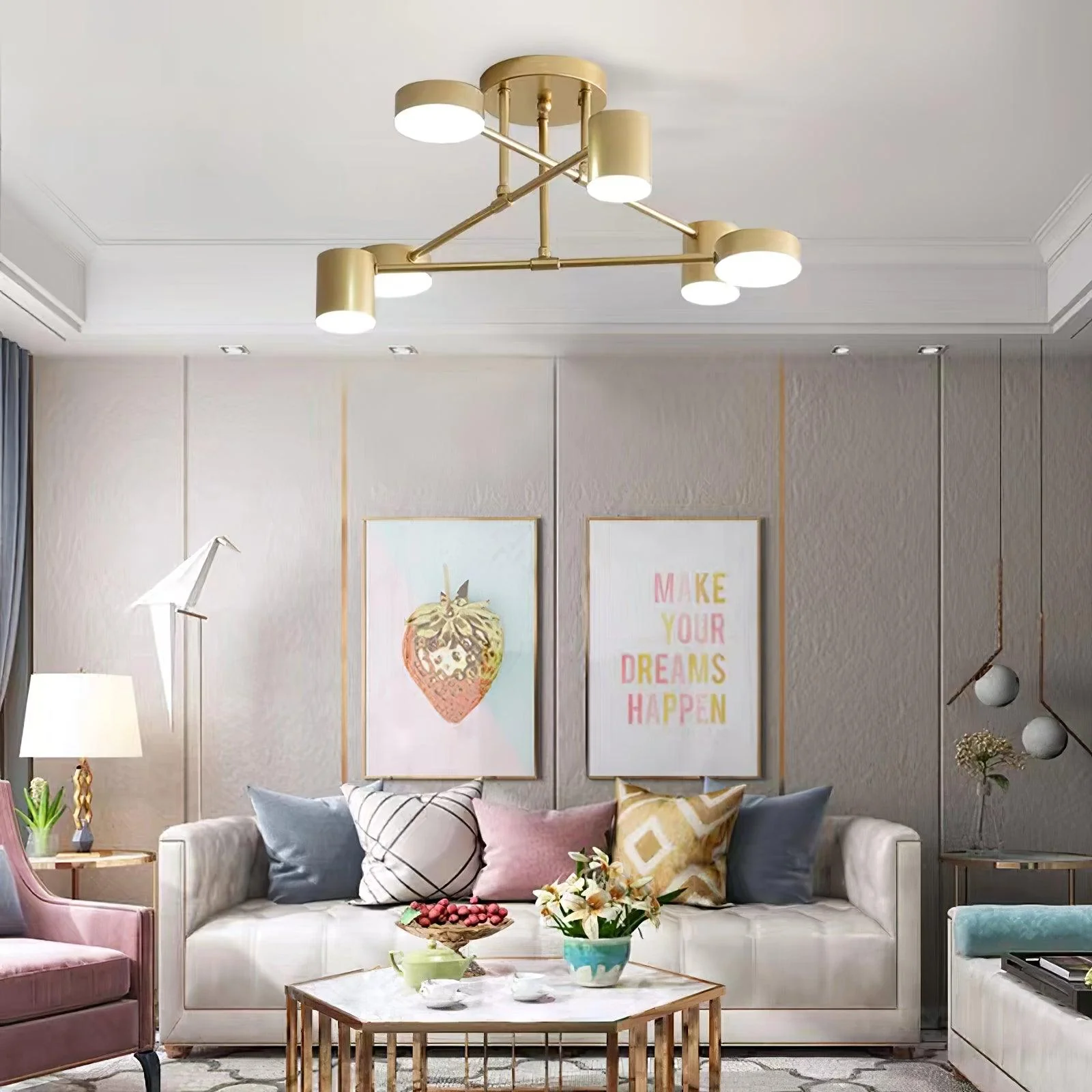 Six Light Ceiling Fixture with Brass Finish and Cylindrical Shades - Image 2