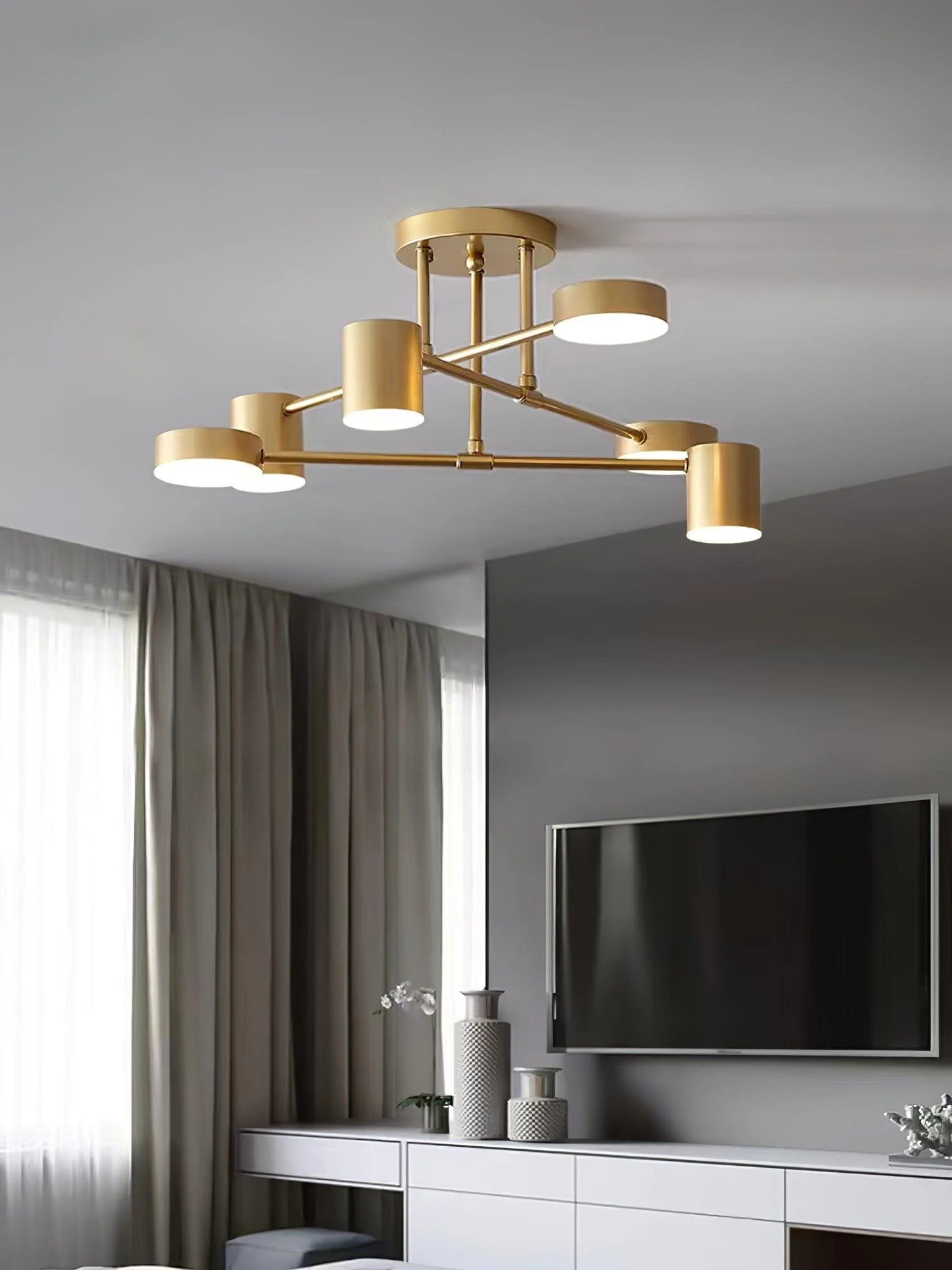Six Light Ceiling Fixture with Brass Finish and Cylindrical Shades - Image 3