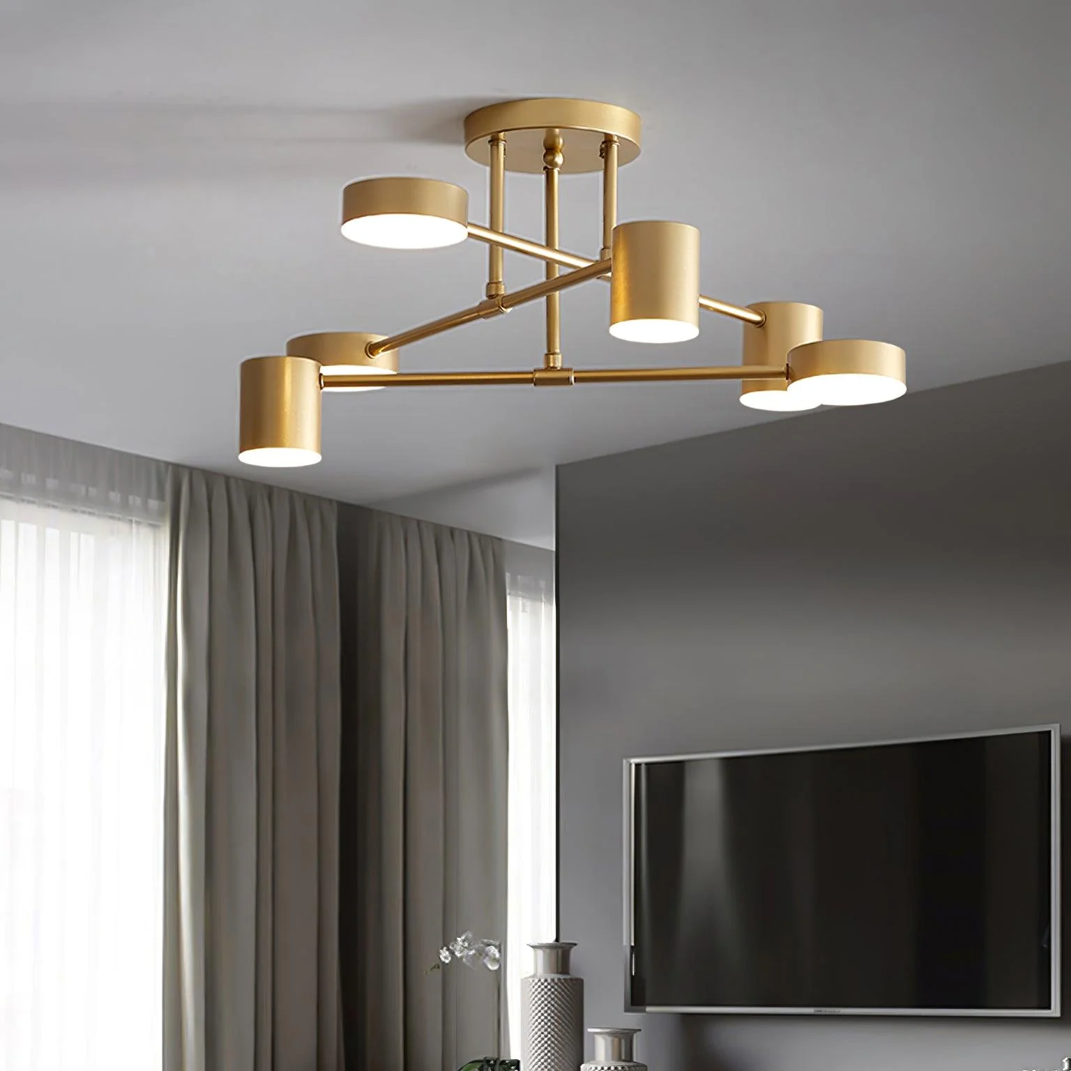 Six Light Ceiling Fixture with Brass Finish and Cylindrical Shades - Image 4