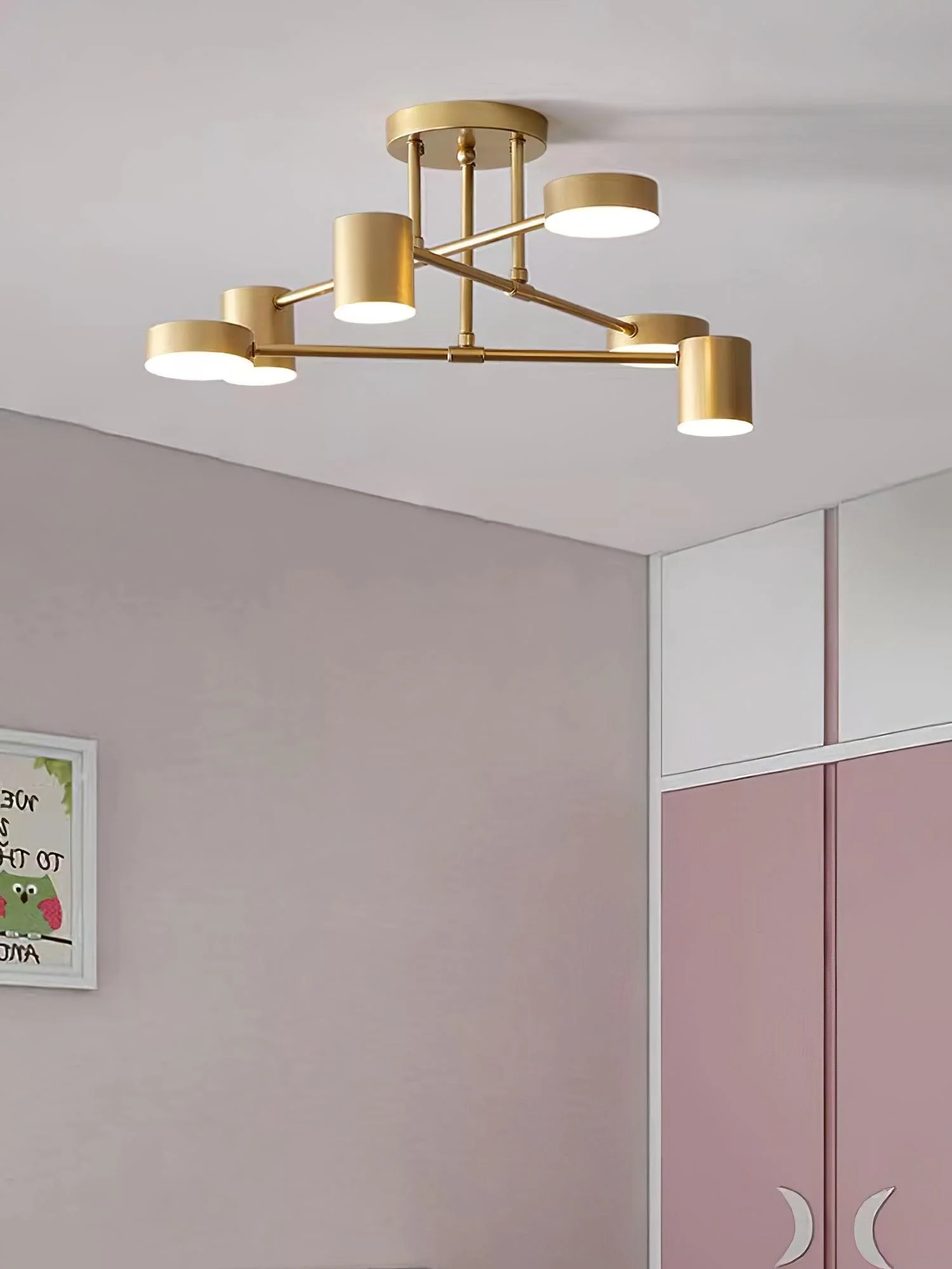 Six Light Ceiling Fixture with Brass Finish and Cylindrical Shades - Image 5