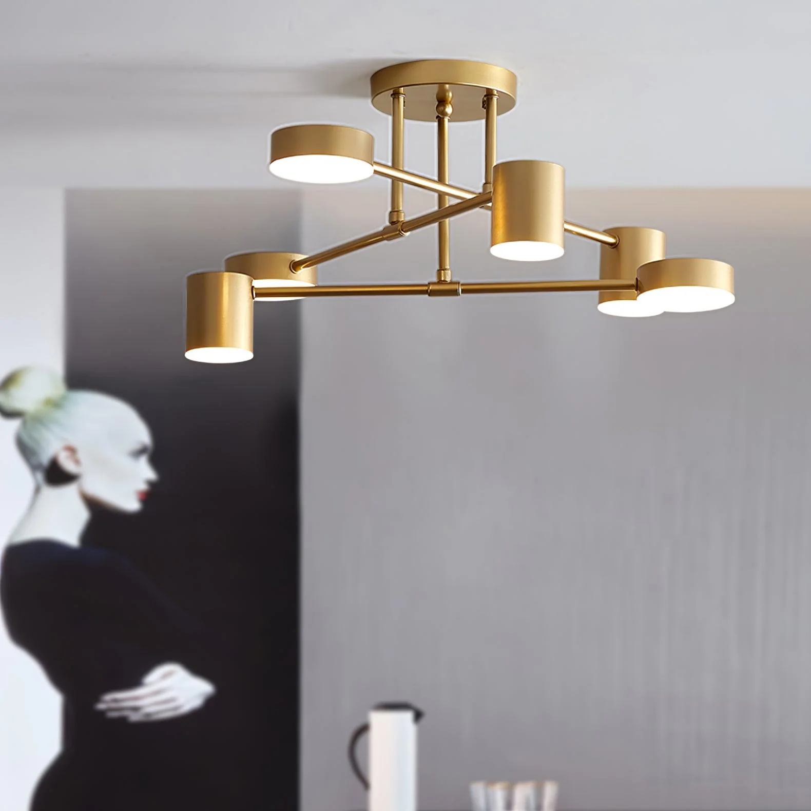 Six Light Ceiling Fixture with Brass Finish and Cylindrical Shades - Image 6