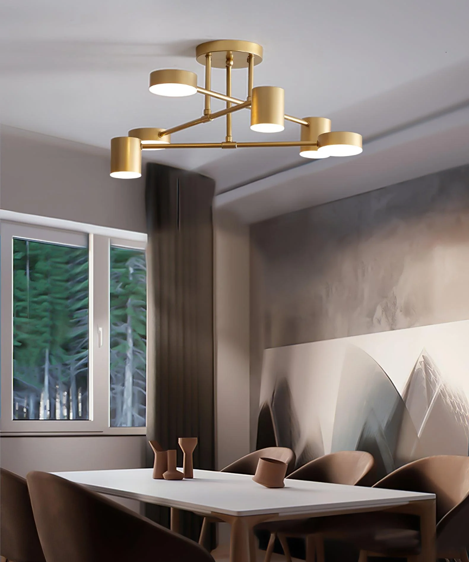 Six Light Ceiling Fixture with Brass Finish and Cylindrical Shades - Image 7