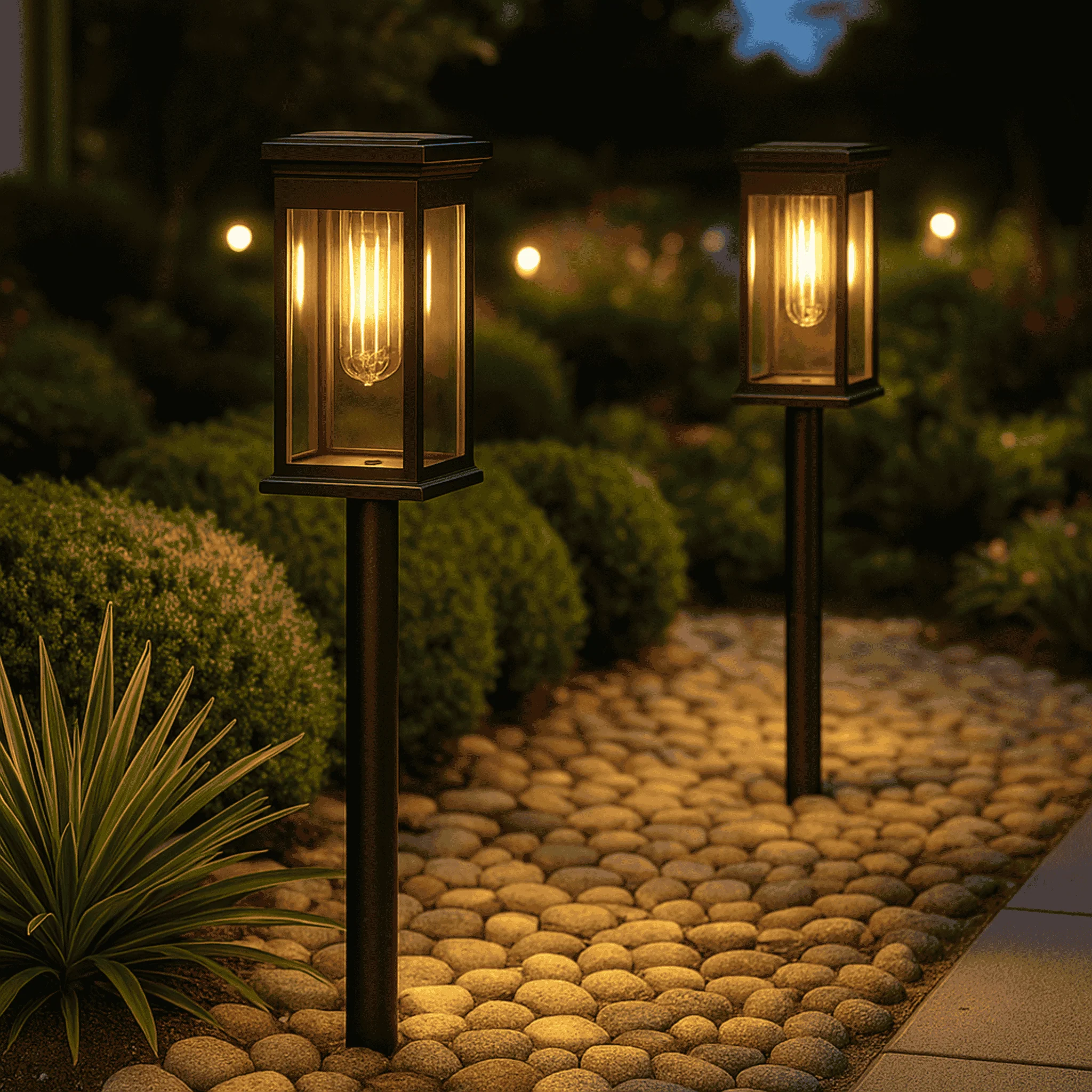 Solar Garden Post Lights with Glass Panels and Metal Frame