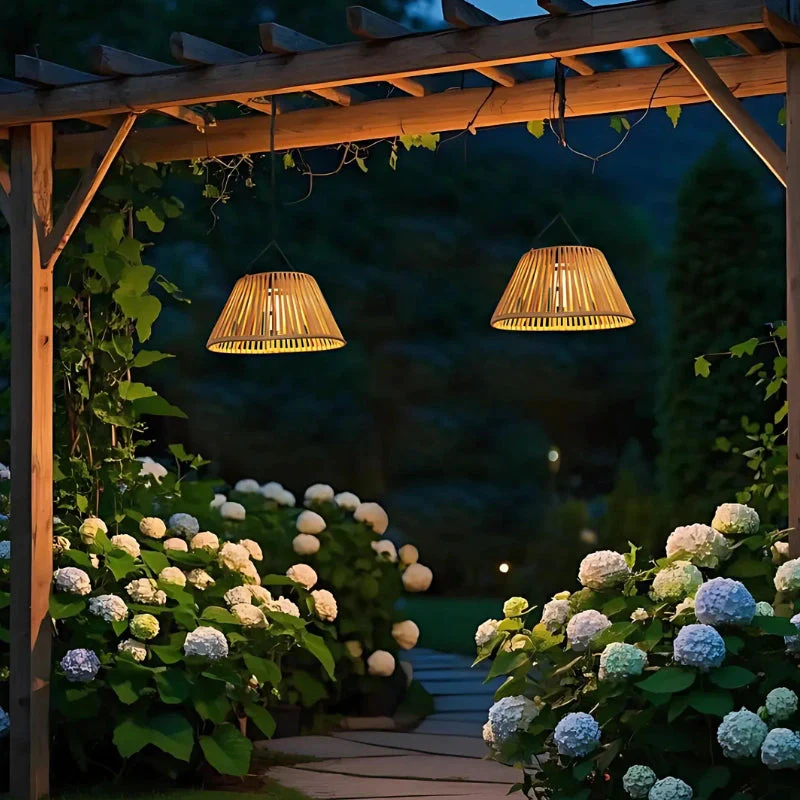Solar Hanging Garden Lantern With Natural Woven Shade - Image 2