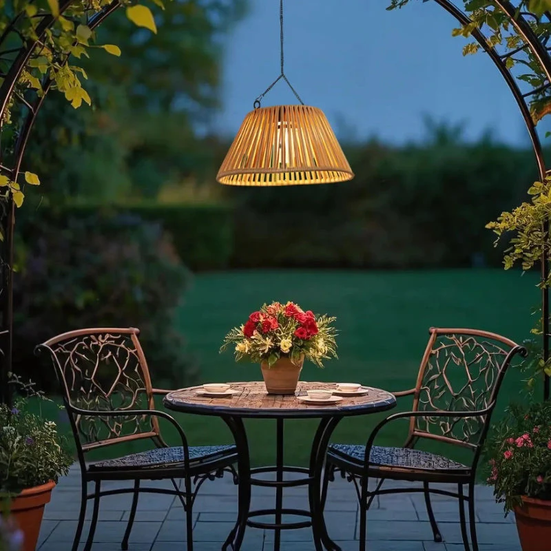 Solar Hanging Garden Lantern With Natural Woven Shade - Image 3