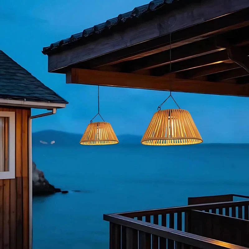Solar Hanging Garden Lantern With Natural Woven Shade - Image 4