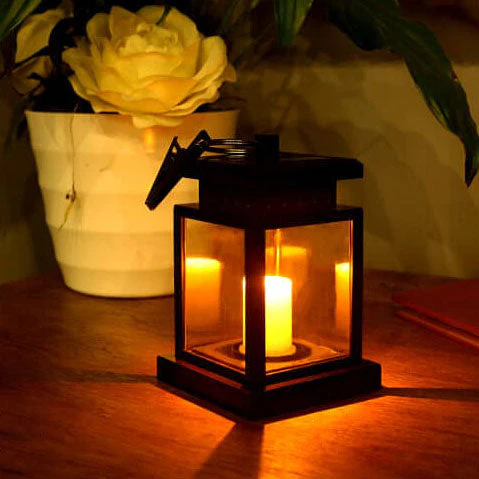 Solar Hanging Lantern with LED Candle and Glass Panels - Image 10
