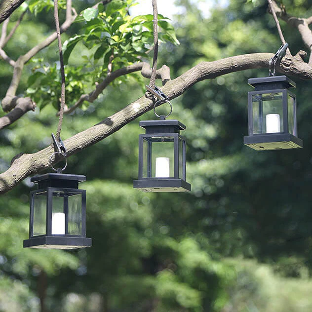 Solar Hanging Lantern with LED Candle and Glass Panels - Image 3
