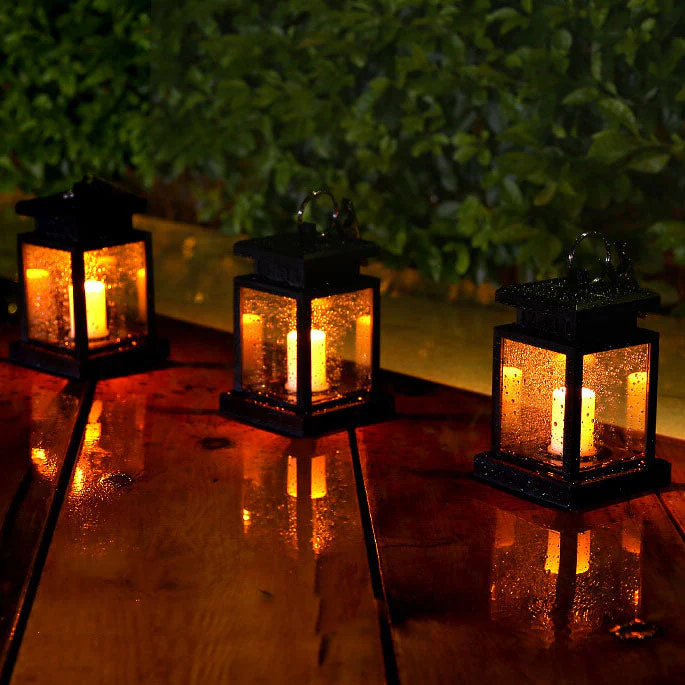 Solar Hanging Lantern with LED Candle and Glass Panels - Image 9