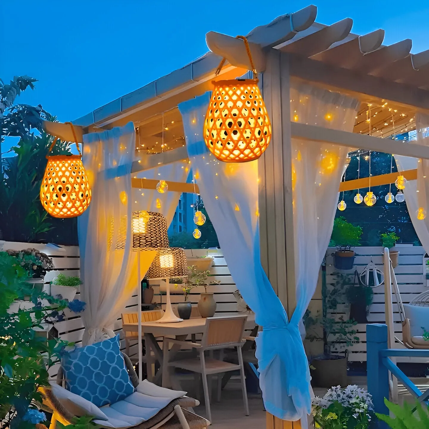 Solar Outdoor Lantern Light with Woven Pattern Shade - Image 2