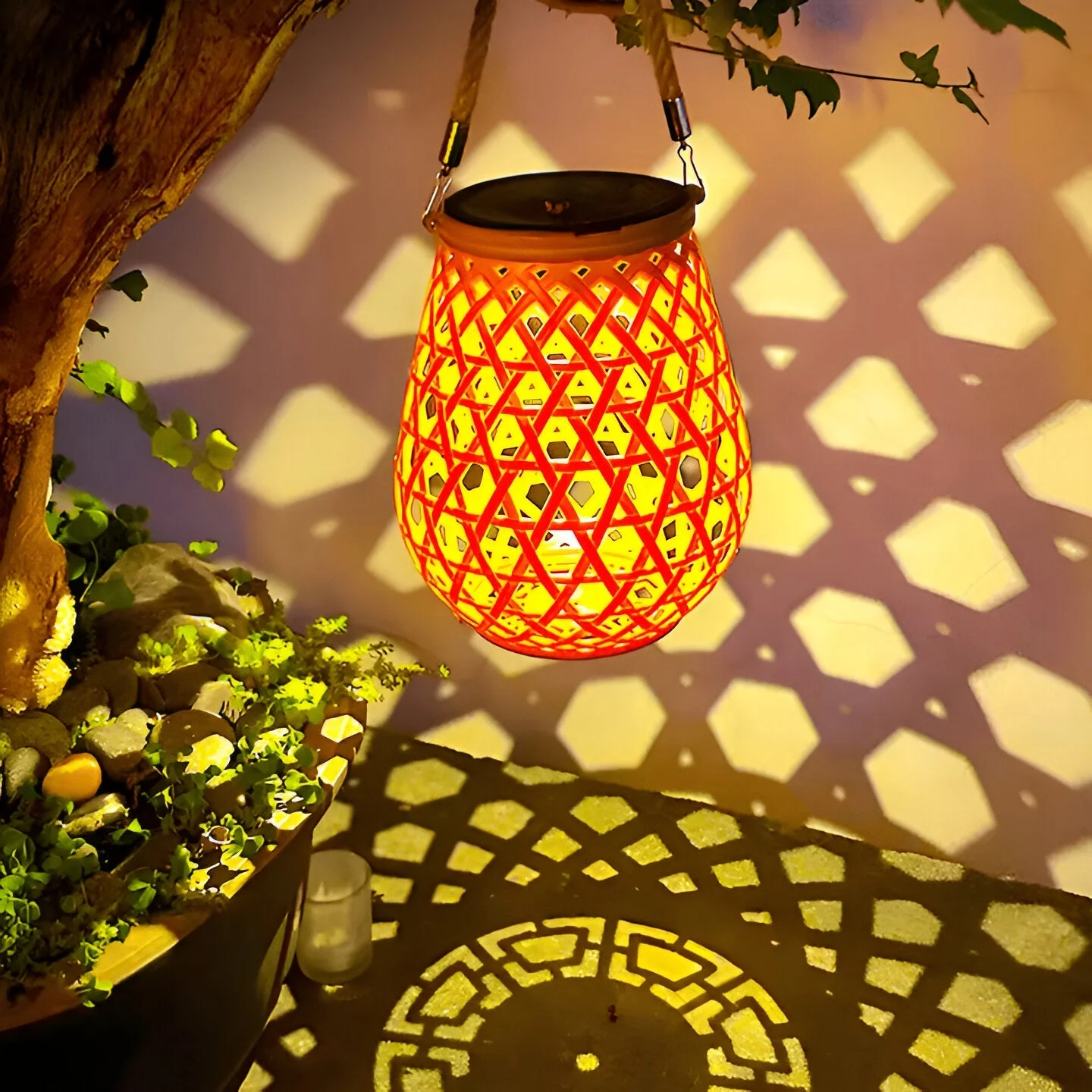 Solar Outdoor Lantern Light with Woven Pattern Shade - Image 7