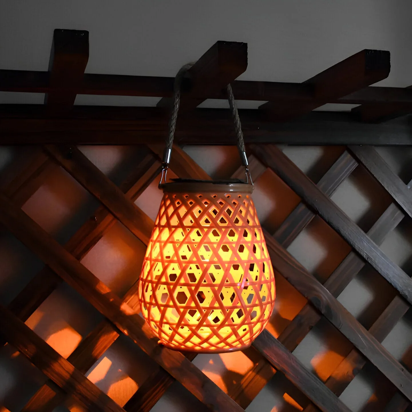 Solar Outdoor Lantern Light with Woven Pattern Shade - Image 9